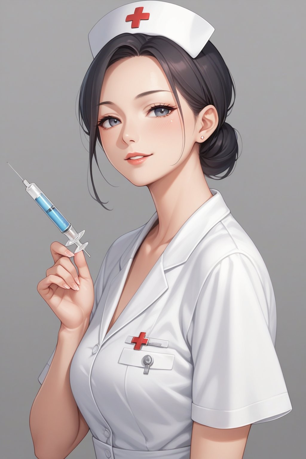 score_9, score_8_up, score_7_up, score_6_up, score_5_up, score_4_up, 
Source_Anime, 
1 girl, mature and beautiful girl, Japanese nurses, nurse suit, Slim figure, syringe, gray gradient background, no background,