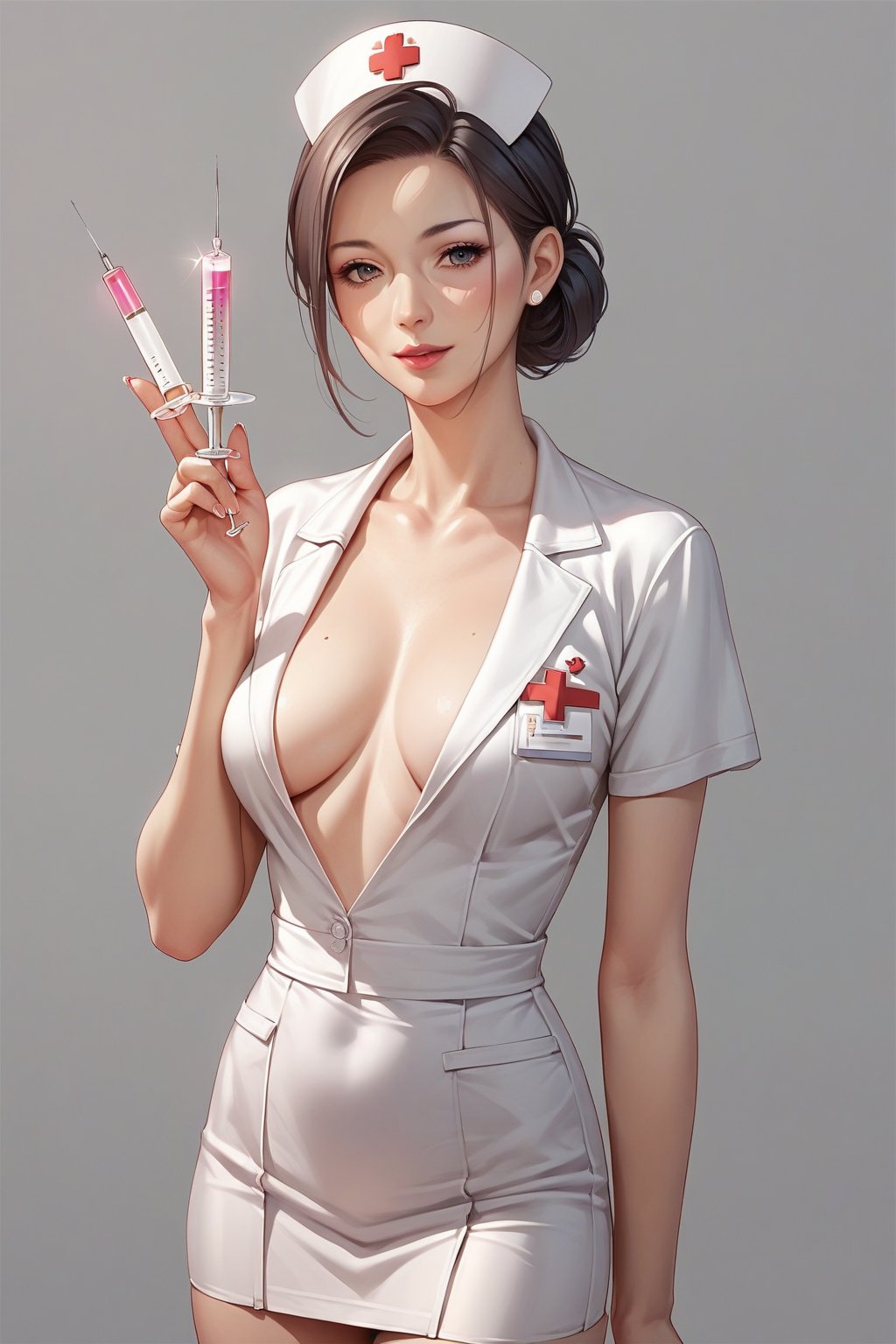 score_9, score_8_up, score_7_up, score_6_up, score_5_up, score_4_up, 
Source_Anime, 
1 girl, mature and beautiful girl, Japanese nurse, nurse suit, Slim figure, syringe, gray gradient background, no background,