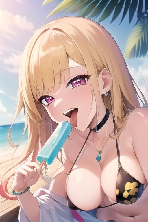 masterpiece, best quality, ultra detailed, high-resolution, 8k, detailed beautiful face and eyes,
outdoor, smiling, 

holding a popsicle, open mouth, (tongue out:1.2), looking at viewer, 
kitagawa marin, 1girl, blonde hair, long hair, multicolored hair, red eyes, jewelry, necklace, choker, black bikini, floral print, bracelet, side-tie bikini bottom, 

AGGA_ST017