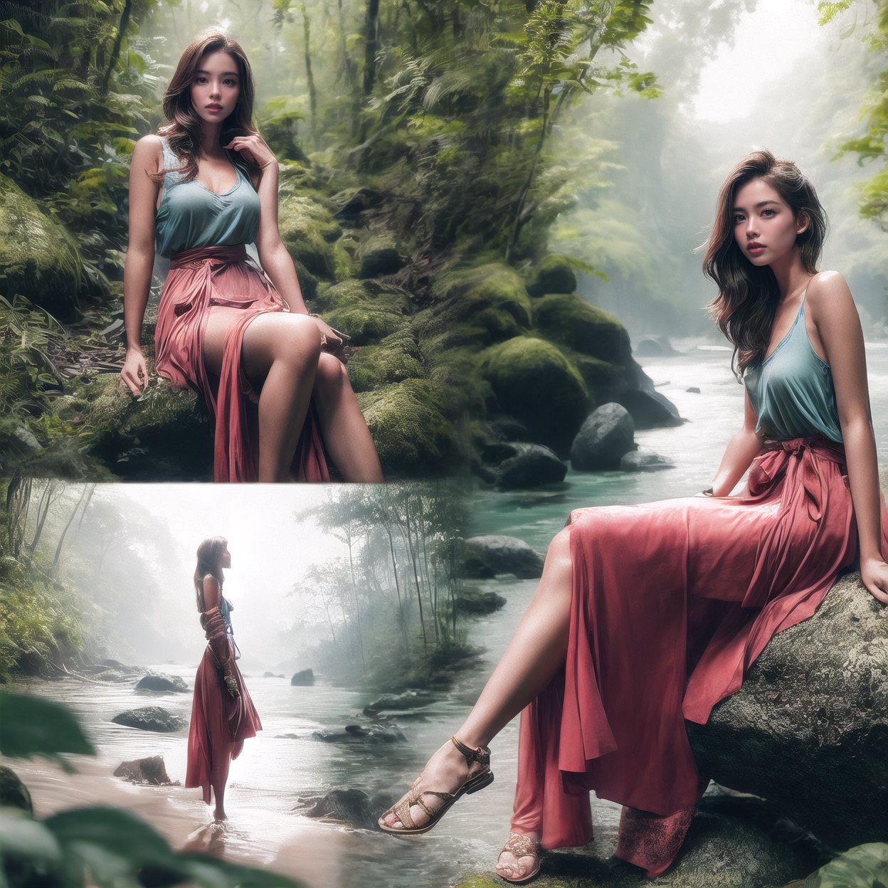 photoultrarealistic, blurry overlay edge between two images, a man jungle tracking at forest, and other image a beautiful girl wearing casual dress and long skirt sitting on rock at beach, detailed face, detailed skin, detailed eyes, ultra detailed, ultra realistic, with dramatic polarizing filter, vivid colors, sharp focus, 64K, remarkable color, ABMpicssplit