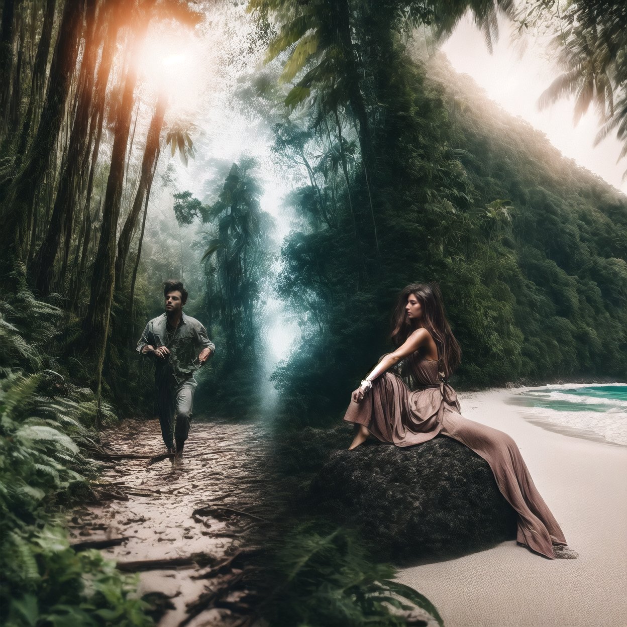 photoultrarealistic, blurry overlay edge between two images, a man jungle tracking at forest, and other image a beautiful girl wearing casual dress and long skirt sitting on rock at beach, detailed face, detailed skin, detailed eyes, ultra detailed, ultra realistic, with dramatic polarizing filter, vivid colors, sharp focus, 64K, remarkable color, ABMpicssplit