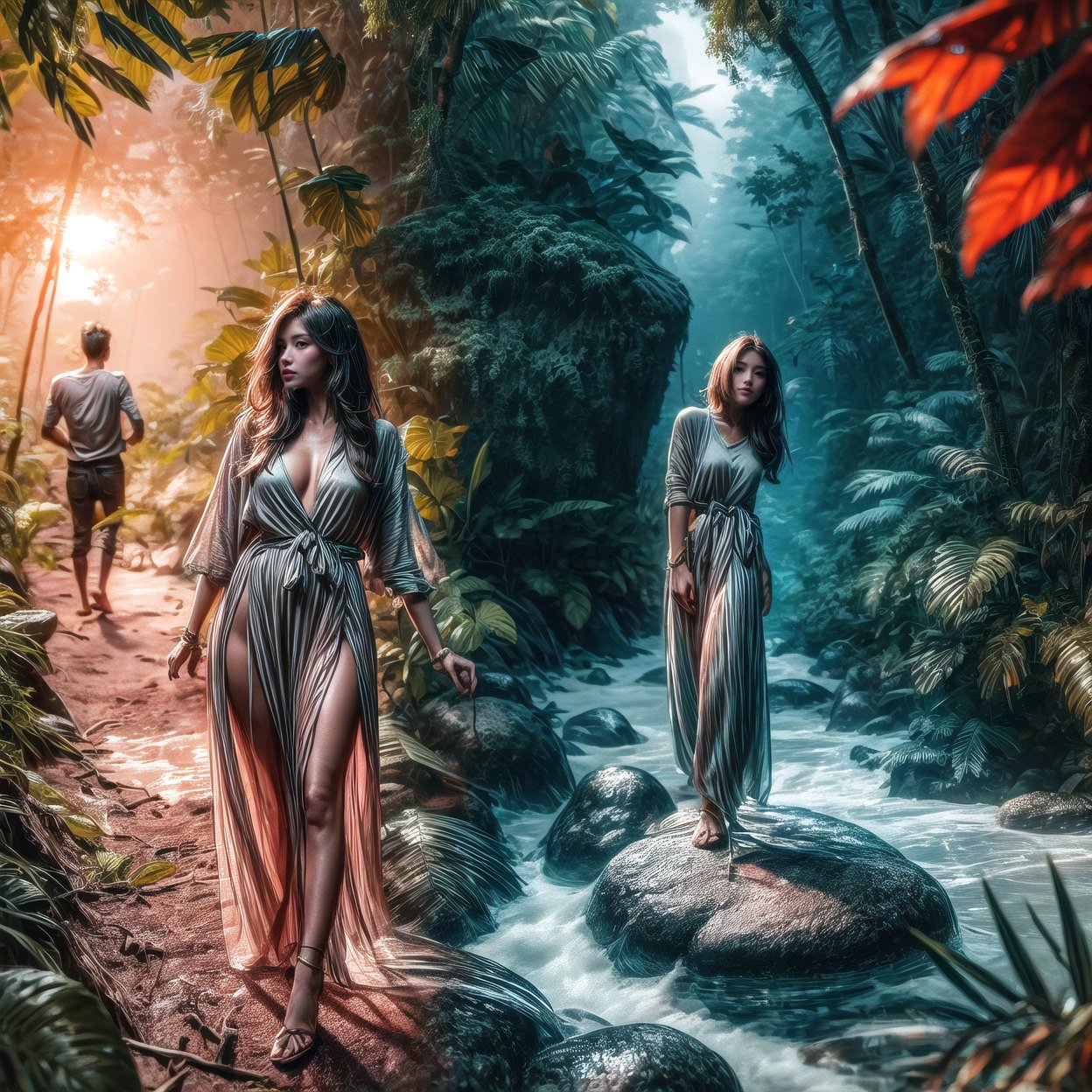 photoultrarealistic, blurry overlay edge between two images, a man jungle tracking at forest, and other image a beautiful girl wearing casual dress and long skirt sitting on rock at beach, detailed face, detailed skin, detailed eyes, ultra detailed, ultra realistic, with dramatic polarizing filter, vivid colors, sharp focus, 64K, remarkable color, ABMpicssplit,Extremely Realistic