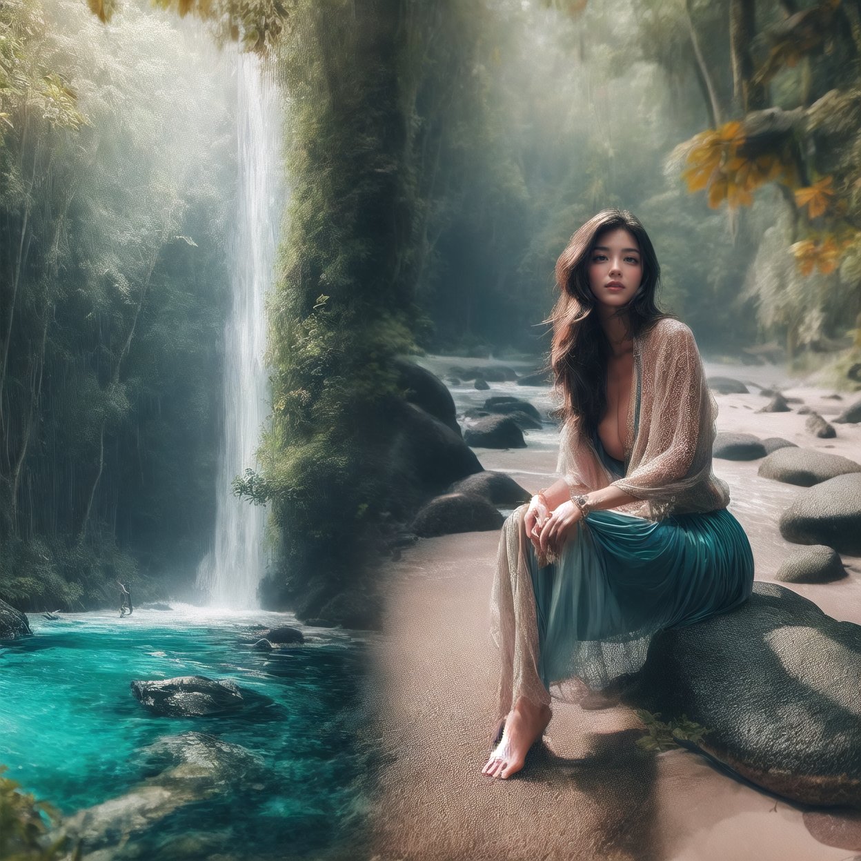 photoultrarealistic, blurry overlay edge between two images, a man jungle tracking at forest, and other image a beautiful girl wearing casual dress and long skirt sitting on rock at beach, detailed face, detailed skin, detailed eyes, ultra detailed, ultra realistic, with dramatic polarizing filter, vivid colors, sharp focus, 64K, remarkable color, ABMpicssplit