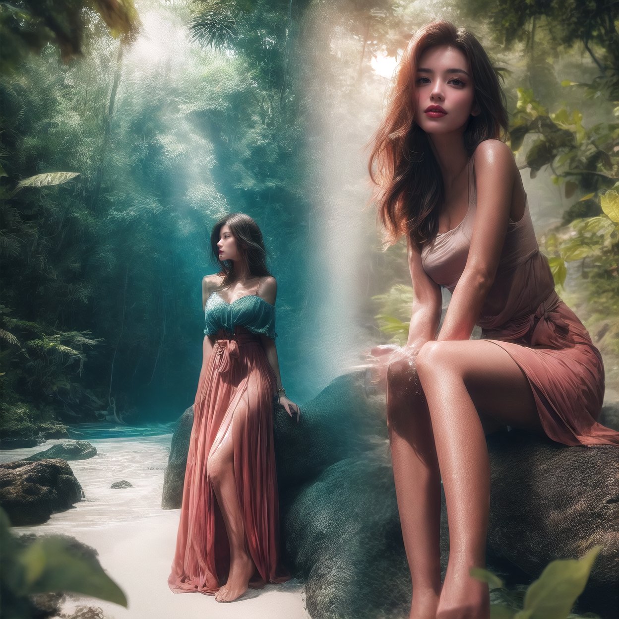 photoultrarealistic, blurry overlay edge between two images, a man jungle tracking at forest, and other image a beautiful girl wearing casual dress and long skirt sitting on rock at beach, detailed face, detailed skin, detailed eyes, ultra detailed, ultra realistic, with dramatic polarizing filter, vivid colors, sharp focus, 64K, remarkable color, ABMpicssplit