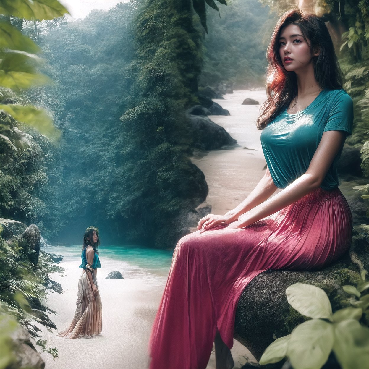 photoultrarealistic, blurry overlay edge between two images, a (man jungle tracking at forest), and other image a (beautiful girl wearing T-shirt and long skirt sitting at beach), detailed face, detailed skin, detailed eyes, ultra detailed, ultra realistic, with dramatic polarizing filter, vivid colors, sharp focus, 64K, remarkable color, ABMpicssplit