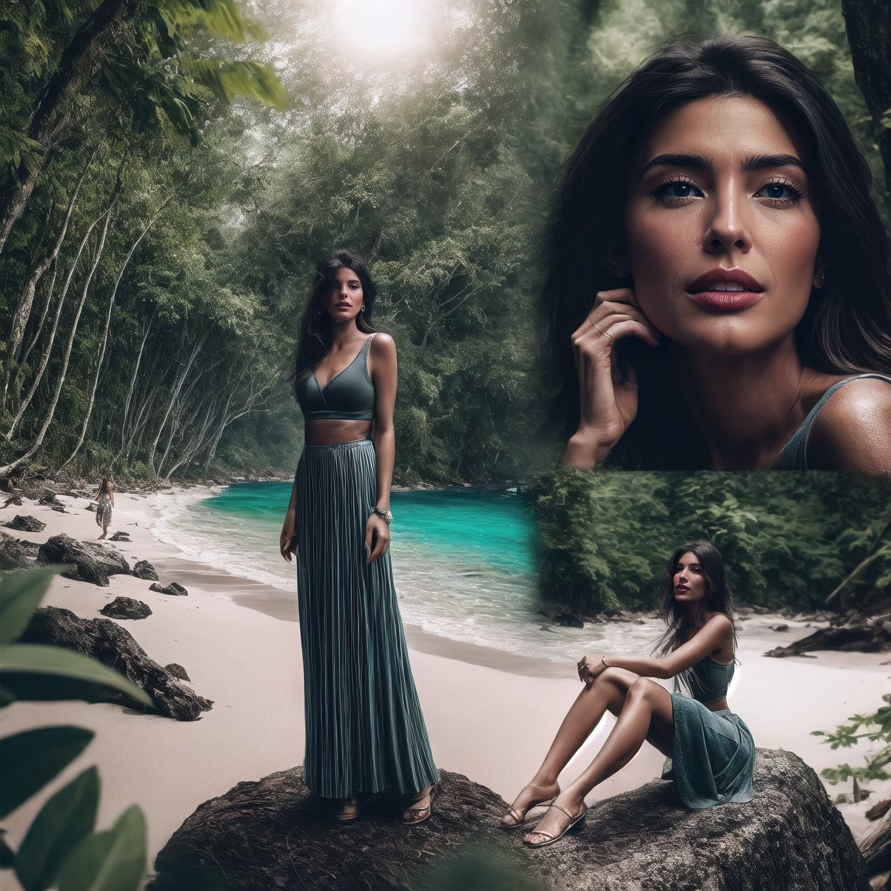 photoultrarealistic, blurry overlay edge between two images, a man jungle tracking at forest, and other image a beautiful girl wearing casual dress and long skirt sitting on rock at beach, detailed face, detailed skin, detailed eyes, ultra detailed, ultra realistic, with dramatic polarizing filter, vivid colors, sharp focus, 64K, remarkable color, ABMpicssplit