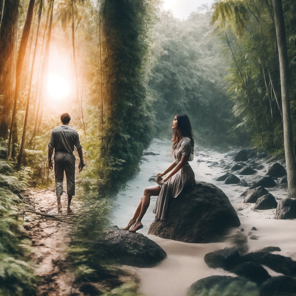 photoultrarealistic, blurry overlay edge between two images, a man jungle tracking at forest, and other image a beautiful girl wearing casual dress and long skirt sitting on rock at beach, detailed face, ABMpicssplit