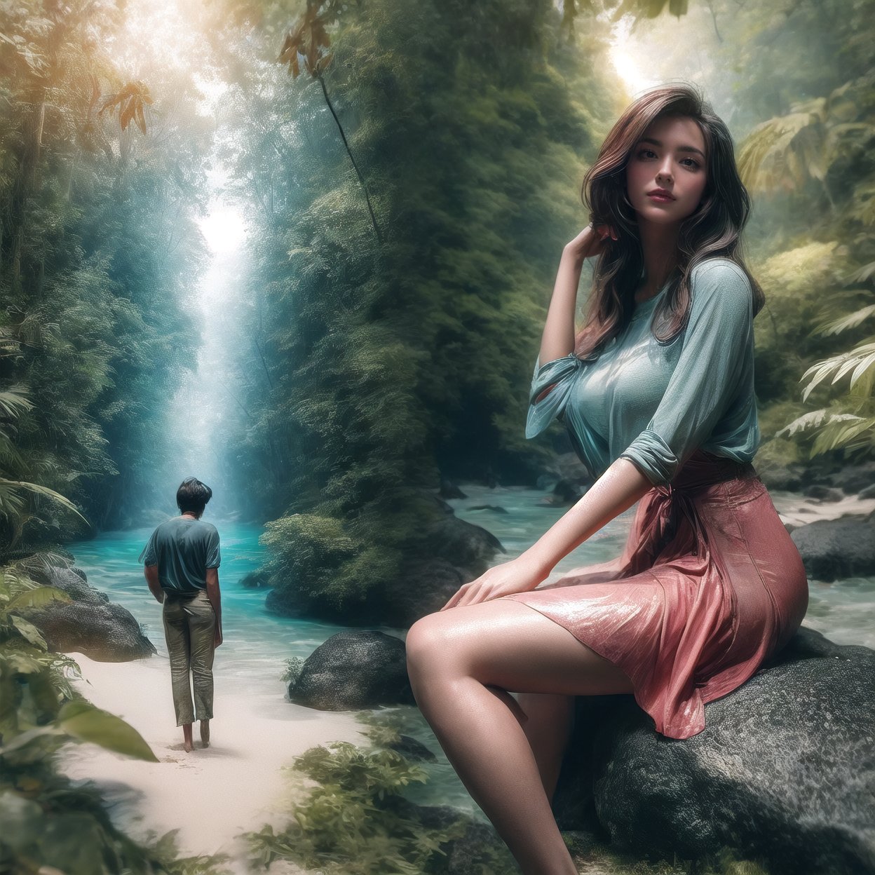 photoultrarealistic, blurry overlay edge between two images, a man jungle tracking at forest, and other image a beautiful girl wearing T-shirt and long skirt sitting on rock at beach, detailed face, detailed skin, detailed eyes, ultra detailed, ultra realistic, with dramatic polarizing filter, vivid colors, sharp focus, 64K, remarkable color, ABMpicssplit