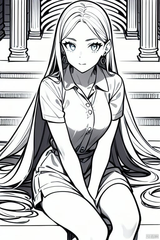 1girl, solo, long hair, earrings, sitting, looking at audience, hands between legs, very long hair,lineart