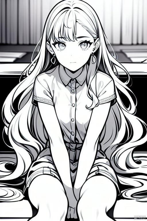 1girl, solo, long hair, earrings, sitting, looking at audience, hands between legs, very long hair,lineart