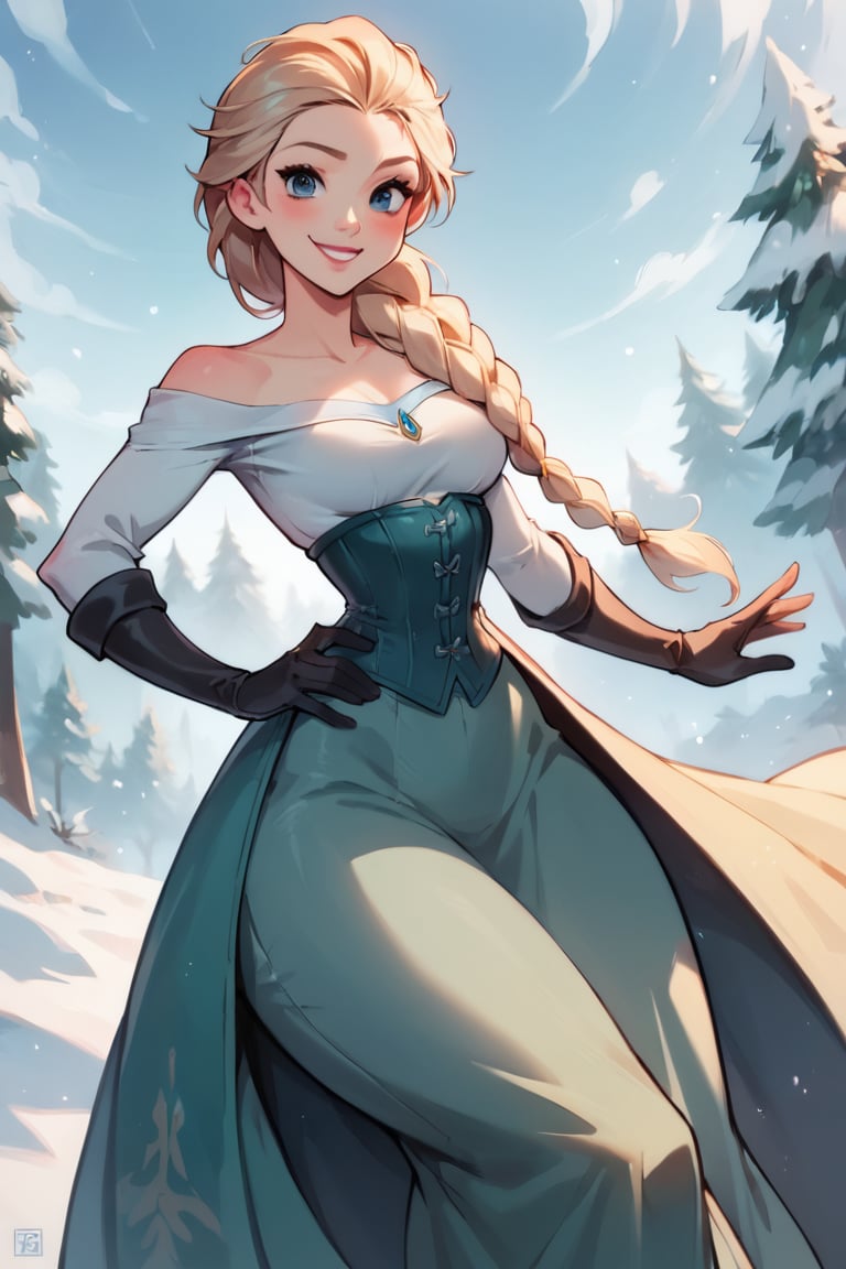 score_9, score_8_up, score_7_up, score_6_up, ElsaXPL hands on hips, winter, corset, gloves, long skirt, tunic, single braid over shoulder, curvy, medium breasts, narrow waist, wide hips, thick thighs, looking at viewer, dynamic angle, cowboy shot, cartoon, dynamic pose, light smile, cute pose, disney,blizzard, from above