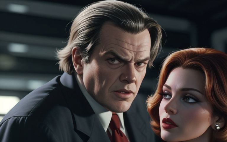 <lora:LCM_LoRA_Weights_SD15:1> A film noir movie scene (inspired by ReBoot (1994):1.3), featuringjack nicholson and faye dunaway as a couple in a dynamic action shot, 