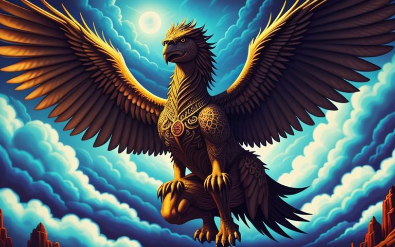 extremely detailed and colorful, incredibly absurdres, dramatic, dynamic shot, (XD-Scene), thematic lighting, a griffin soaring through the clouds, 