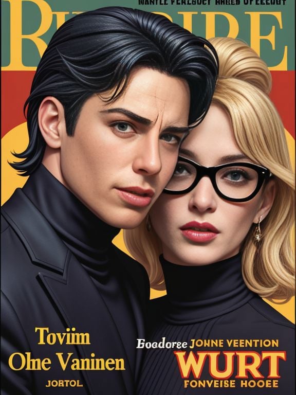 extremely detailed, incredibly absurdres, (Pulp Magazine cover,  Harlequin Romance Novel Style, english text, Adventure Font, text focus:1.2), Cover Art by Boris Valejo and Julie Bell, (multiple subjects, John Travolta and Uma Thurman, couple shot:1.2), Black Turtleneck Sweater, Wayfarer Sunglasses, 60s Mod Style Clothes, Pulp Fiction, 