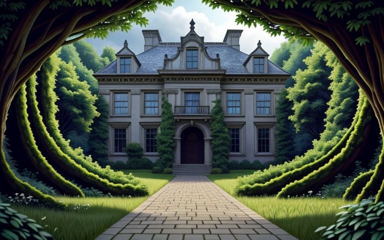 extremely detailed, incredibly absurdres, dramatic, dynamic shot, XD-Scene, an overgrown country estate, 