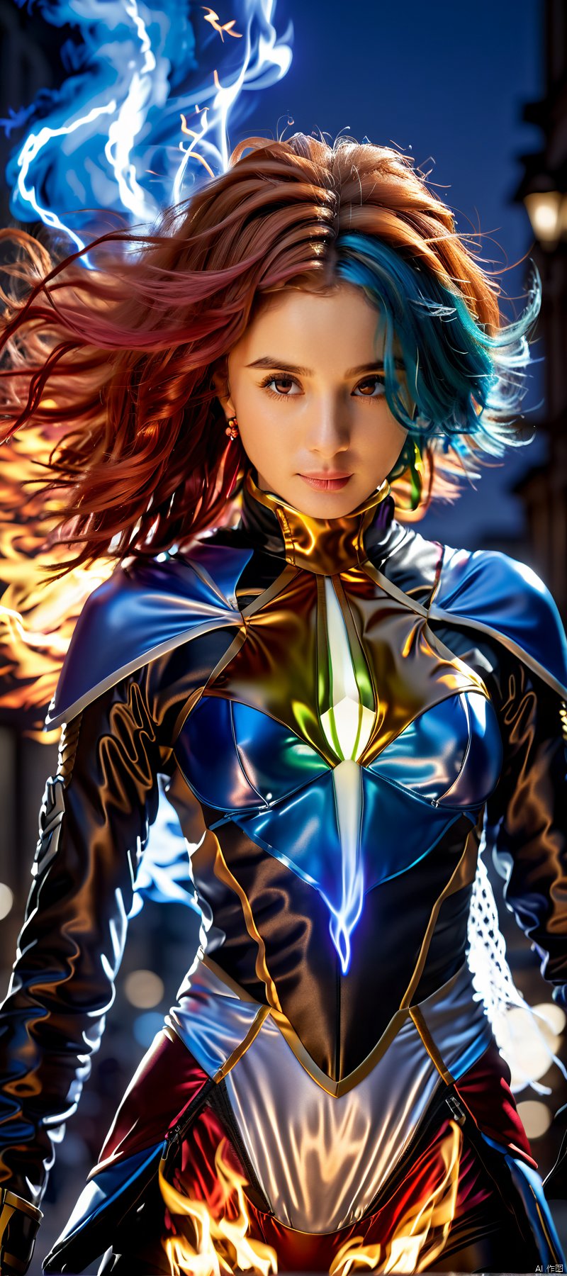 1 girl, masterpiece, top quality,phoenix dark is x-men, beautiful and aesthetic:1.2, (1girl:1.3), (full body:1.5),red suitbody ,looking at viewer,fire hair, extreme detailed,(fire hands:1.5),fire,smoke,goddess, detailed, detail fingers, detail face, masterpiece,ultra realistic,32k,extremely detailed CG unity 8k wallpaper, best quality, Cinematic photography, movie mood, cinematic light, compelling composition, storytelling elements, conveys emotion, mood, and narrative depth, creating visually striking images that feel like still frames from a film, Cinematic portrait photography, capture subject in a way that resembles a still frame from a movie, cinematic lighting, story, narrative quality, drawing viewers into the scene and evoking a sense of cinematic immersion, capturing emotion, professional, engaging, compelling composition, night photography, nocturnal beauty, city lights, starry skies, celestial wonders, moonlit landscapes, urban glow, capturing the essence of darkness, ethereal atmosphere, dramatic shadows, magical ambiance, long exposure techniques, expert use of light sources, Heavenly Breasts,COLORFUL GRADIENT,score_9_up score_8_up score_7_up,DAMIMI,Spear and Shield,UTASHIMADG fishnets mecha leotard armor, HKMAGIC