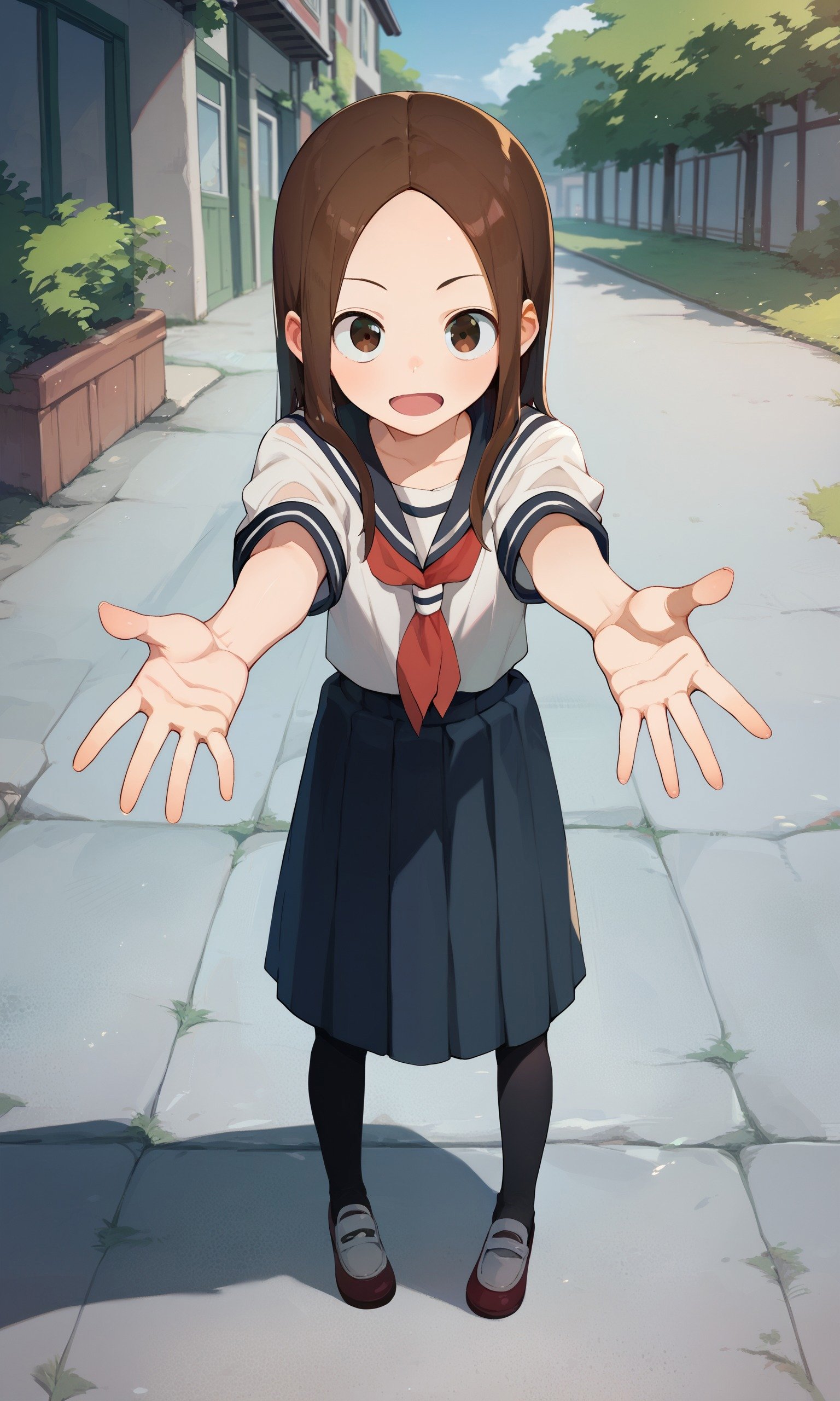 score_9, score_8_up, score_7_up, score_6_up, score_5_up, score_4_up, source_anime, BREAK 1girl, solo, takagi-san, school uniform, white shirt, open arms, looking at viewer, scenery, pov, full body, <lora:takagi-san-000070:1.0>