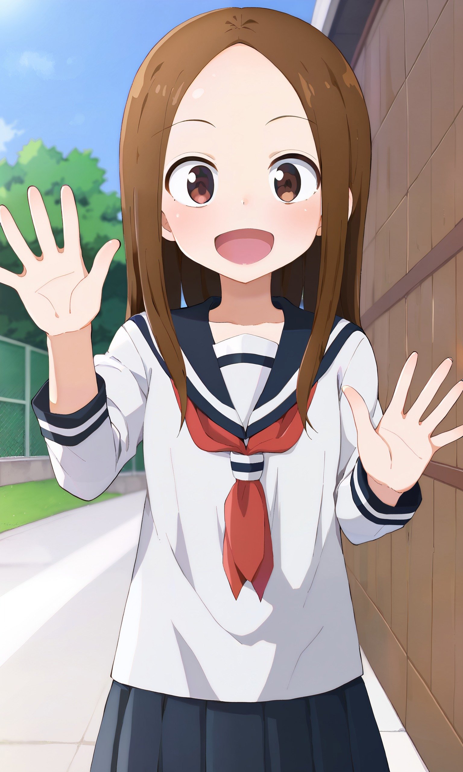 1girl, solo, takagi-san, school uniform, white shirt, waving, <lora:takagi-san-000070:1.0>