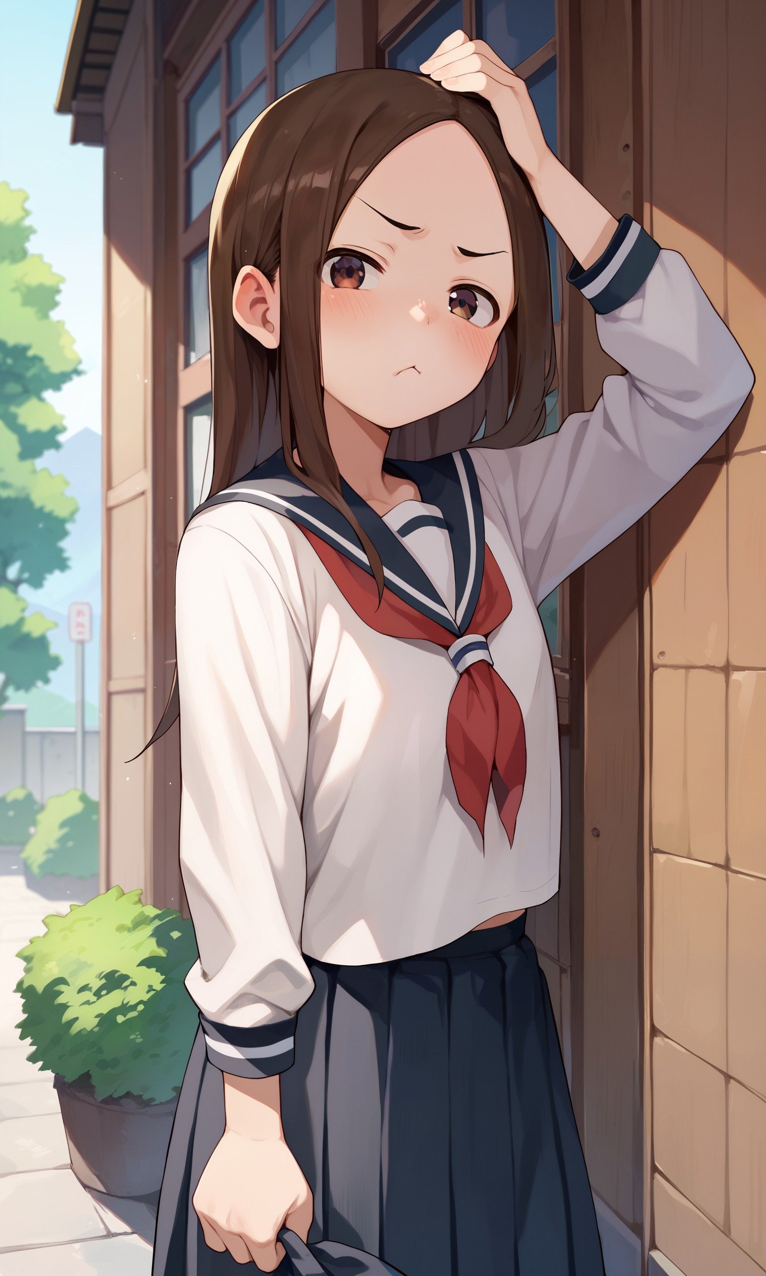 score_9, score_8_up, score_7_up, score_6_up, score_5_up, score_4_up, source_anime, BREAK 1girl, solo, takagi-san, school uniform, white shirt, looking at viewer, scenery, pout, blush, receiving headpat, <lora:takagi-san-000070:1.0>