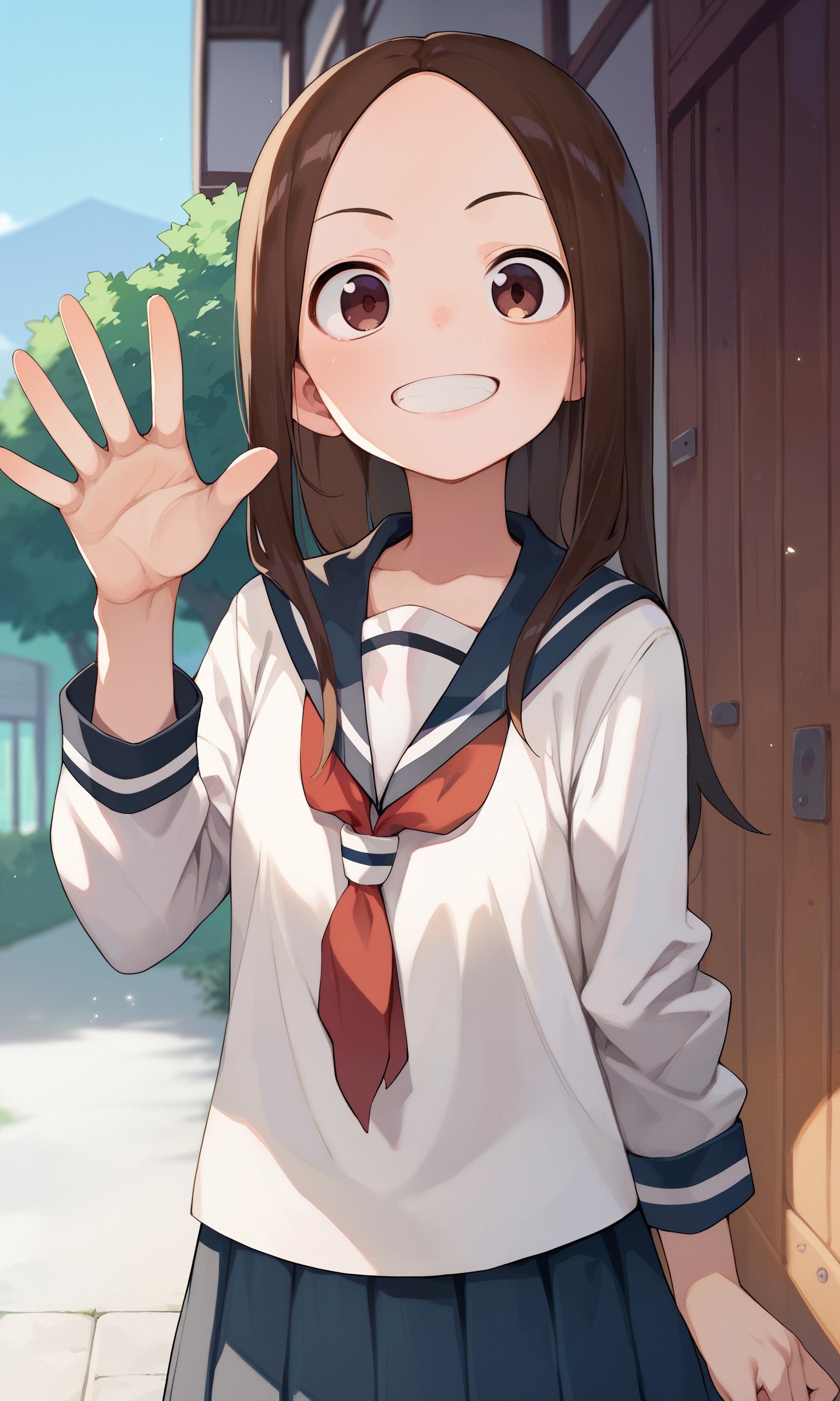 score_9, score_8_up, score_7_up, score_6_up, score_5_up, score_4_up, source_anime, BREAK 1girl, solo, takagi-san, school uniform, white shirt, waving, <lora:takagi-san-000070:1.0>