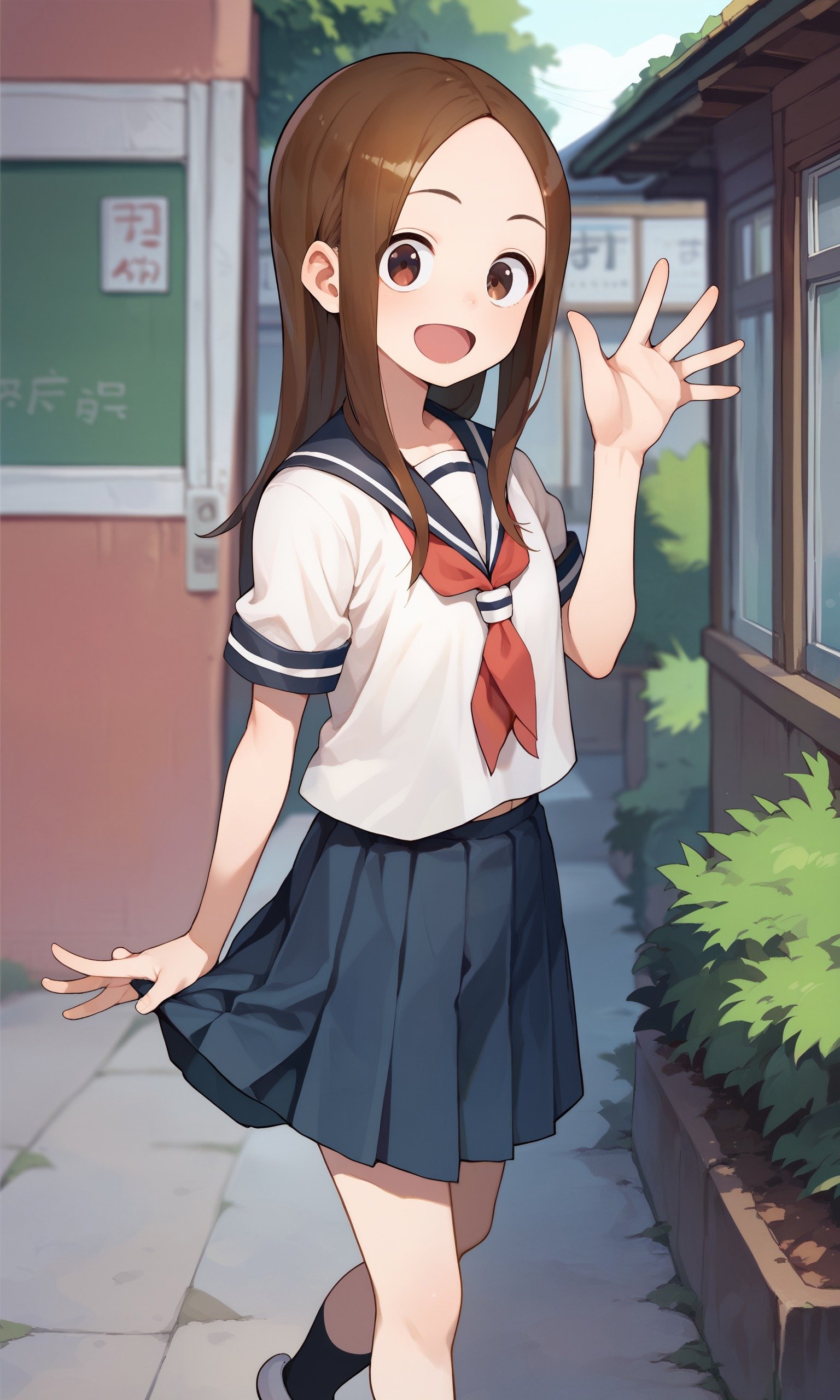 score_9, score_8_up, score_7_up, score_6_up, score_5_up, score_4_up, source_anime, BREAK 1girl, solo, takagi-san, school uniform, white shirt, waving, <lora:takagi-san-000070:1.0>