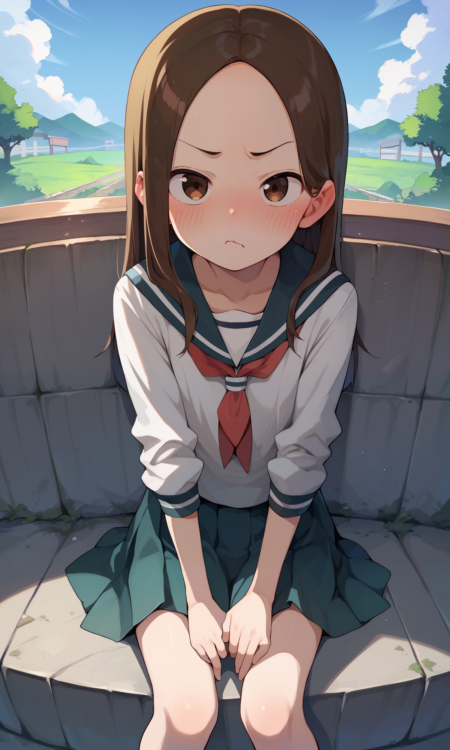 score_9, score_8_up, score_7_up, score_6_up, score_5_up, score_4_up, source_anime, BREAK 1girl, solo, takagi-san, school uniform, white shirt, looking at viewer, scenery, pout, blush, pov, <lora:takagi-san-000070:1.0>