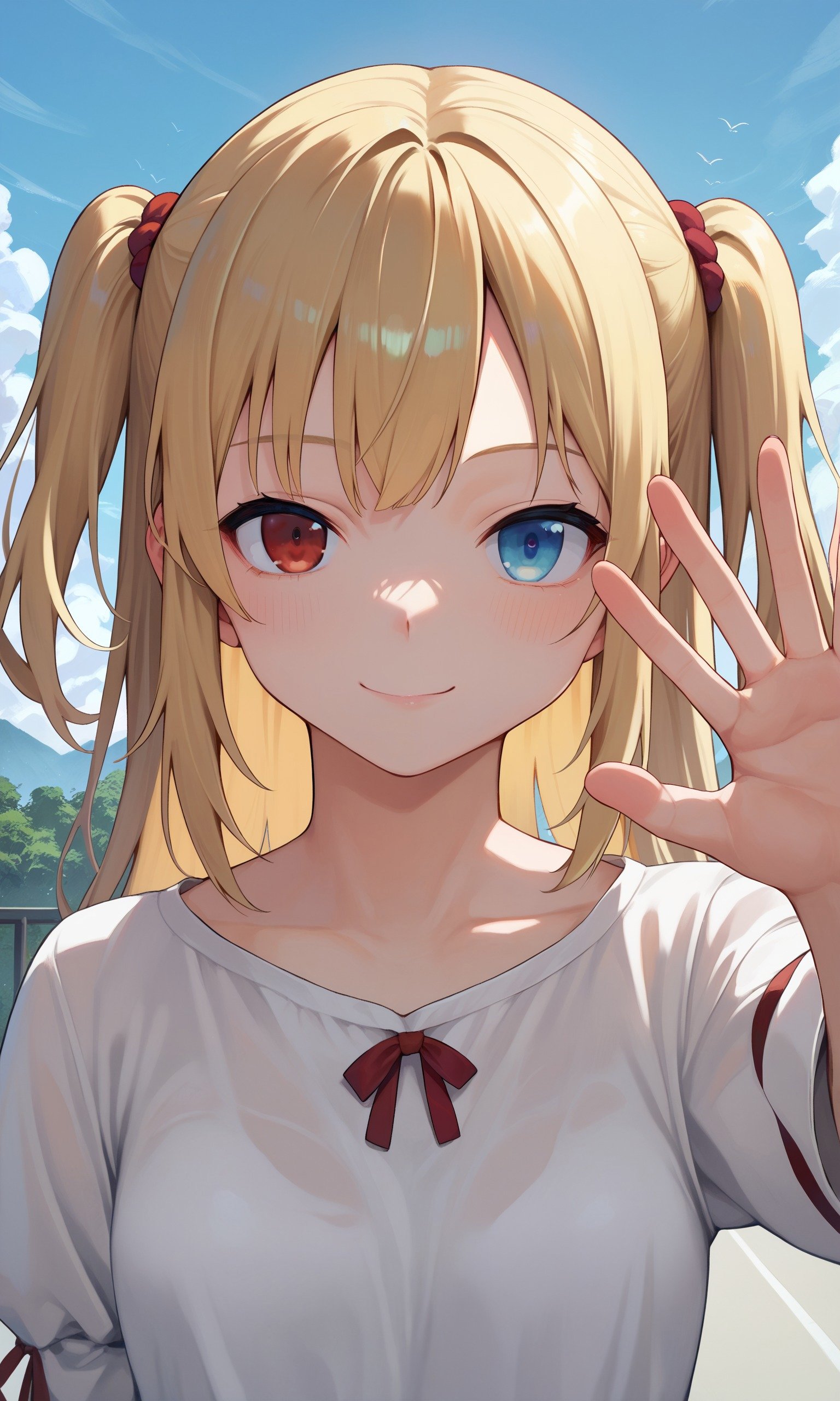 score_9, score_8_up, score_7_up, score_6_up, score_5_up, score_4_up, source_anime, BREAK 1girl, solo, hasegawa_kobato, heterochromia, blue eyes, red eyes, blonde hair, two side up, scenery, waving, light smile, looking at viewer, pov, upper body, <lora:hasegawa_kobato-000100:1.0>