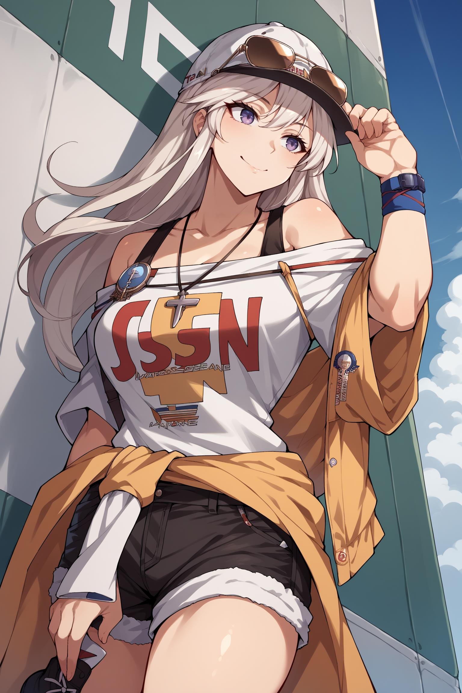 score_9, score_8_up, score_7_up, , rating_general,1girl ,epcs, aviator sunglasses, baseball cap, plane necklace,  casual, bra strap, off-shoulder shirt, wristwatch, wristband, clothes around waist, short shorts, sneakers, dynamic angle , source_anime,  cowboy shot, smile, <lora:EnterprisePDCAMEcomplete AL:1>, full portrait, 