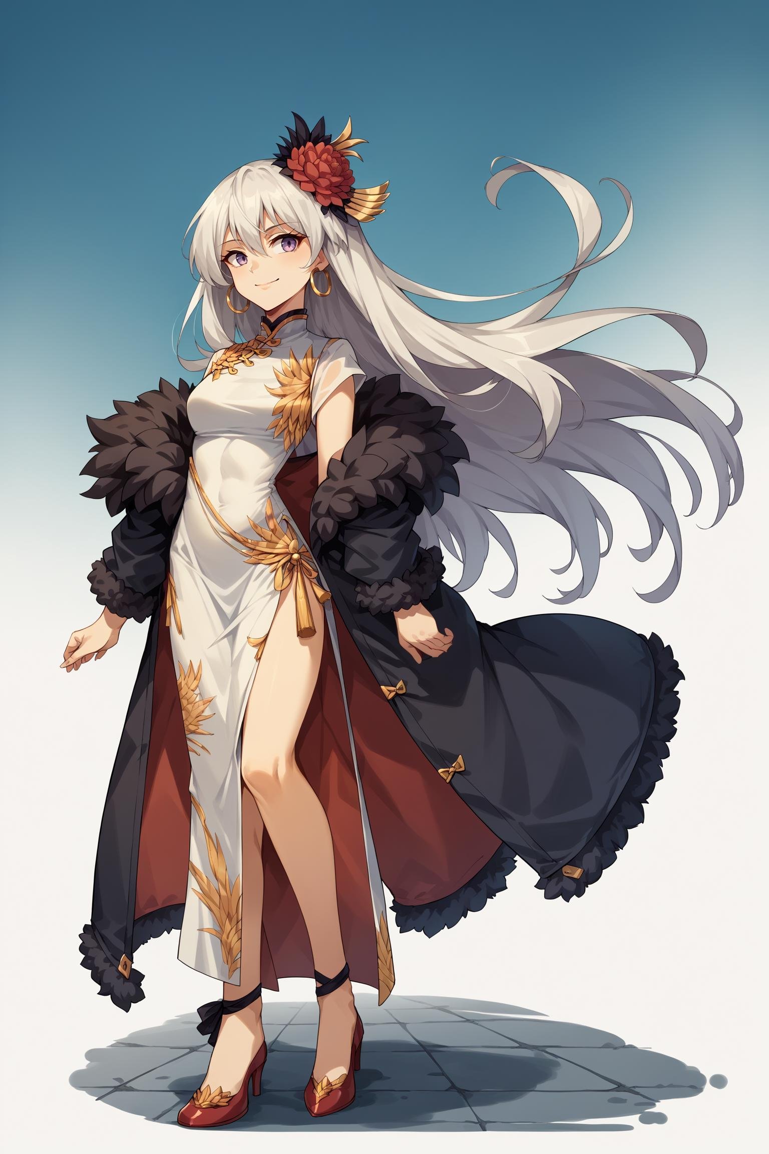 score_9, score_8_up, score_7_up, , rating_general,1girl ,epcn, hair flower, hoop earrings, neck black ribbon, white cheongsam, feather boa, black coat, side slit, golden tassel, red wristband, bare leg, ankle ribbon, red highheels, dynamic angle , source_anime,  cowboy shot, smile, <lora:EnterprisePDCAMEcomplete AL:1>, portrait, 