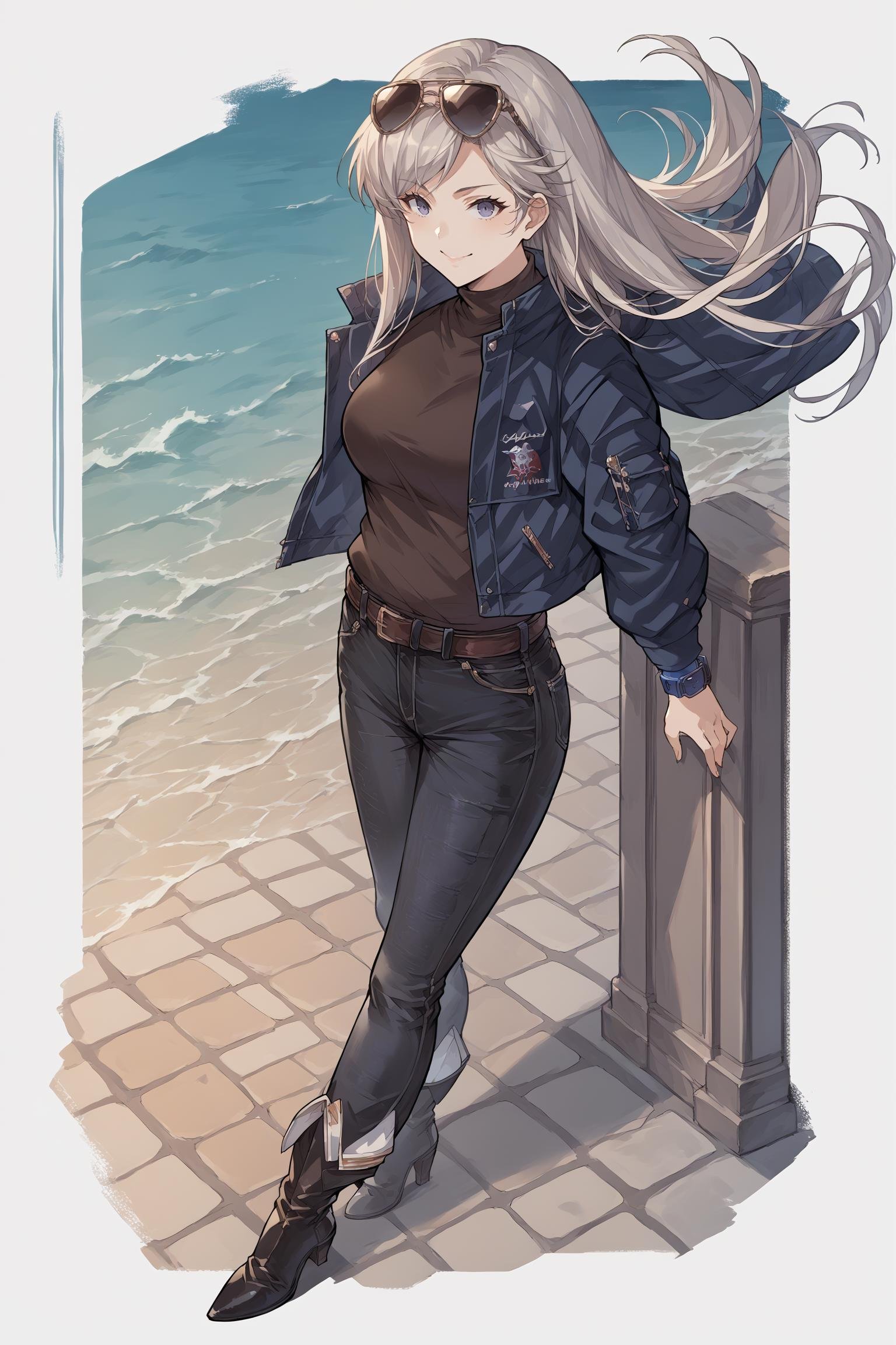 score_9, score_8_up, score_7_up, , rating_general,1girl ,epcd, aviator black sunglasses, brown sweater, denim, blue jacket, belt, wristwatch, black jeans, high heel boots, dynamic angle , source_anime,  cowboy shot, smile, <lora:EnterprisePDCAMEcomplete AL:1>, full portrait, volumetric, facing viewer, <lora:GBFSplashArtXLPDv2:1> , gbsa, splash art