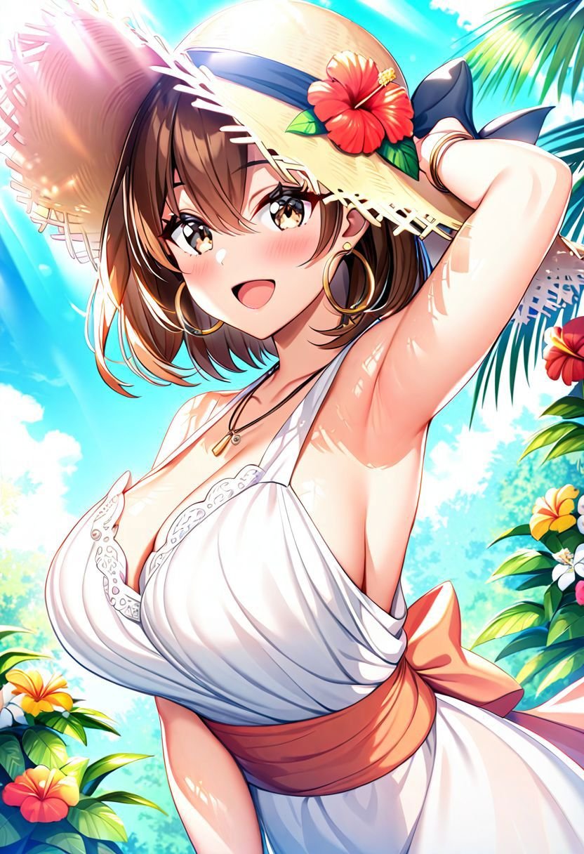 1girl,    sleeveless, sun hat, :d, sundress, hat, sash, bare shoulders, white dress, looking at viewer, dress, breasts, brown eyes, hand on headwear, sleeveless dress, brown hair, straw hat, blush, dappled sunlight, smile, hoop earrings, hat flower, armpits, bangle, jewelry, hibiscus, arm up, open mouth, flower, necklace, large breasts, sunlight, outdoors, bracelet, short hair, earrings, day, solo, cleavage, hair between eyes, very aesthetic, masterpiece, best quality, absurdres, sensitive