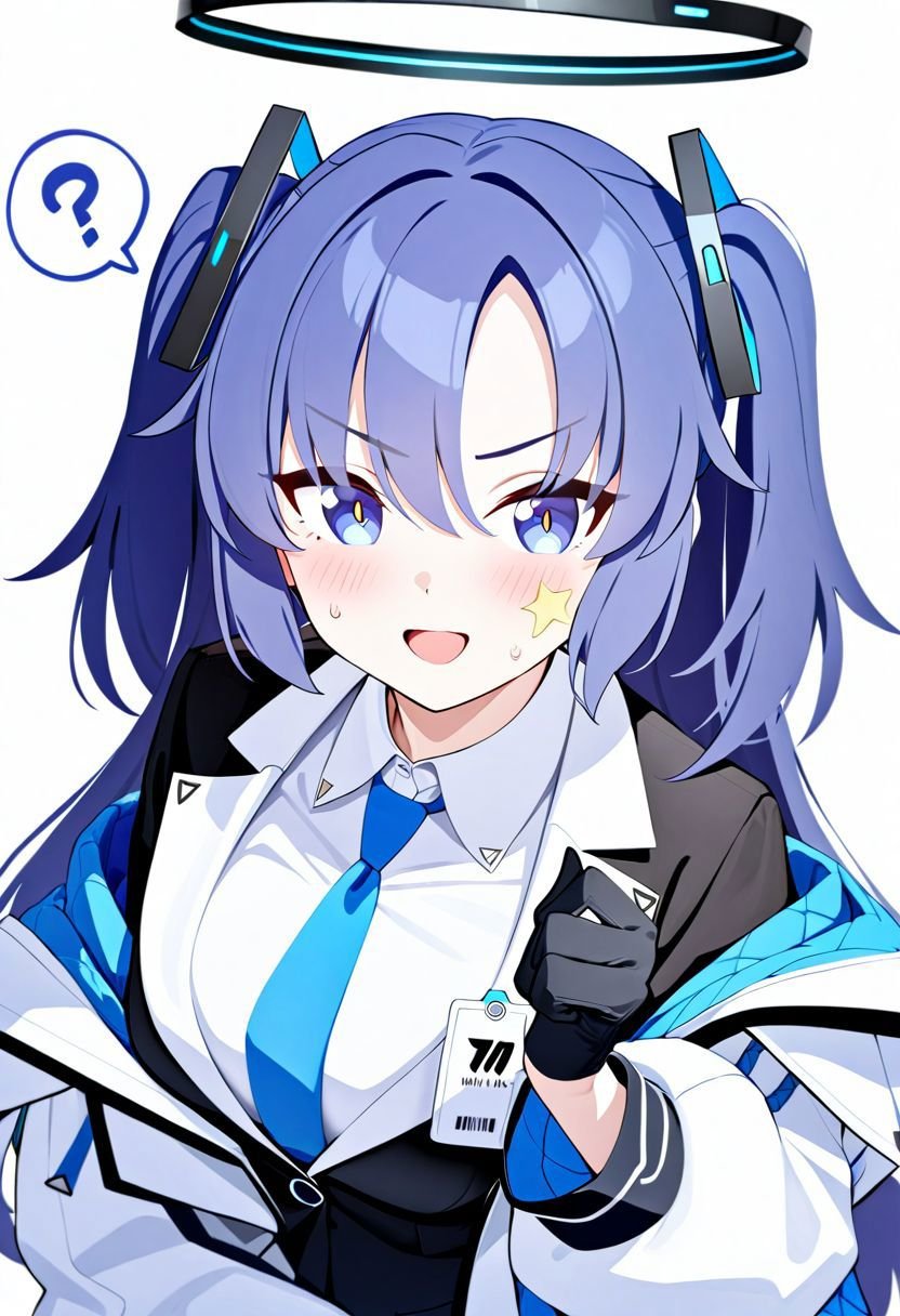1girl, yuuka \(blue archive\), blue archive,  uniform, gloves, mechanical halo, upper body, white background, medium breasts, halo, tablet pc, spoken question mark, id photo, looking at viewer, holding tablet pc, sweat, breasts, blue hair, blue necktie, jacket, long hair, shirt, necktie, simple background, school uniform, blue eyes, blush, hair ornament, smile, white shirt, dark blue hair, black gloves, holding, open mouth, open clothes, twintails, id card, solo, ?, hair between eyes, open jacket, name tag, very aesthetic, masterpiece, best quality, absurdres, sensitive