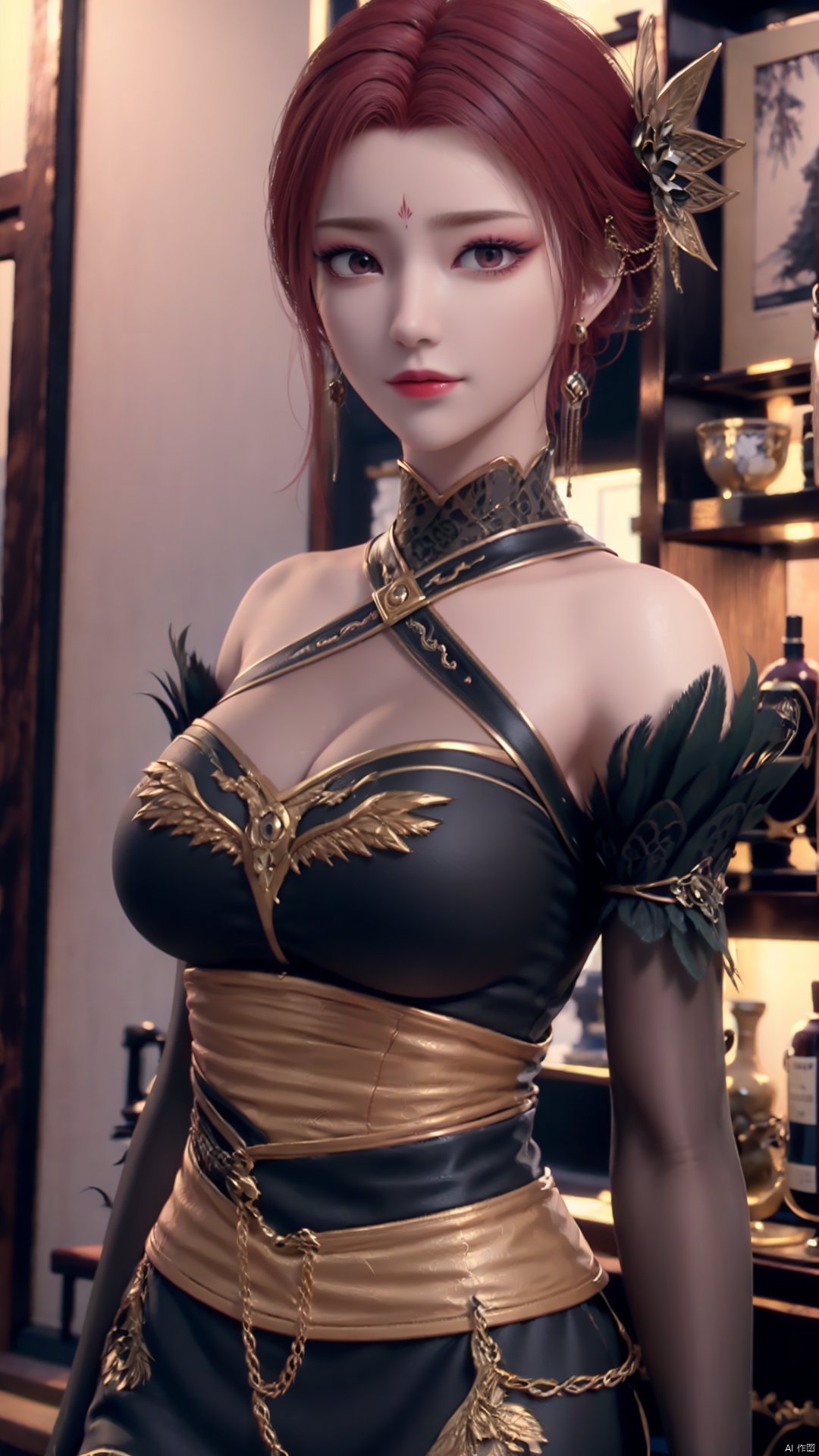 1girl, dress, jewelry, red hair, earrings, hair ornament, solo, black dress, looking at viewer, mischevious smile, perfect body, scenery, sharp focus, best quality, masterpiece, detailed outfit, illustration, perfect eyes, finely detailed beautiful anime eyes, realistic skin, intricate details, best lighting, depth of field, ultra high resolution,cowboy_shot, dynamic pose, dynamic angle,