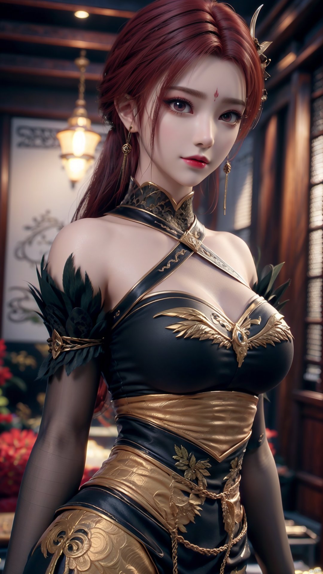 1girl, dress, jewelry, red hair, earrings, hair ornament, solo, black dress, looking at viewer, mischevious smile, perfect body, scenery, sharp focus, best quality, masterpiece, detailed outfit, illustration, perfect eyes, finely detailed beautiful anime eyes, realistic skin, intricate details, best lighting, depth of field, ultra high resolution,cowboy_shot, dynamic pose, dynamic angle,