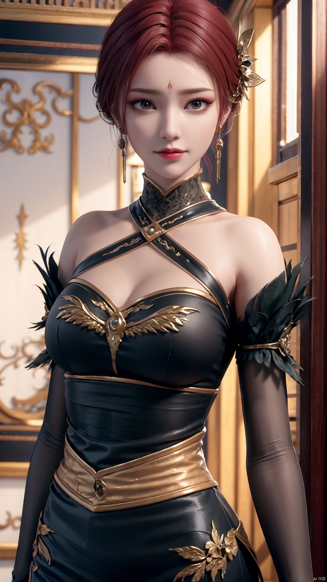 1girl, dress, jewelry, red hair, earrings, hair ornament, solo, black dress, looking at viewer, mischevious smile, perfect body, scenery, sharp focus, best quality, masterpiece, detailed outfit, illustration, perfect eyes, finely detailed beautiful anime eyes, realistic skin, intricate details, best lighting, depth of field, ultra high resolution,cowboy_shot, dynamic pose, dynamic angle,