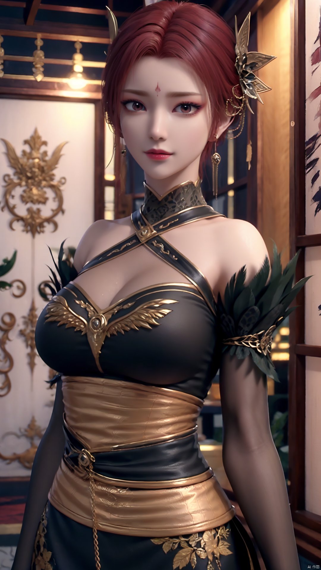 1girl, dress, jewelry, red hair, earrings, hair ornament, solo, black dress, looking at viewer, mischevious smile, perfect body, scenery, sharp focus, best quality, masterpiece, detailed outfit, illustration, perfect eyes, finely detailed beautiful anime eyes, realistic skin, intricate details, best lighting, depth of field, ultra high resolution,cowboy_shot, dynamic pose, dynamic angle,