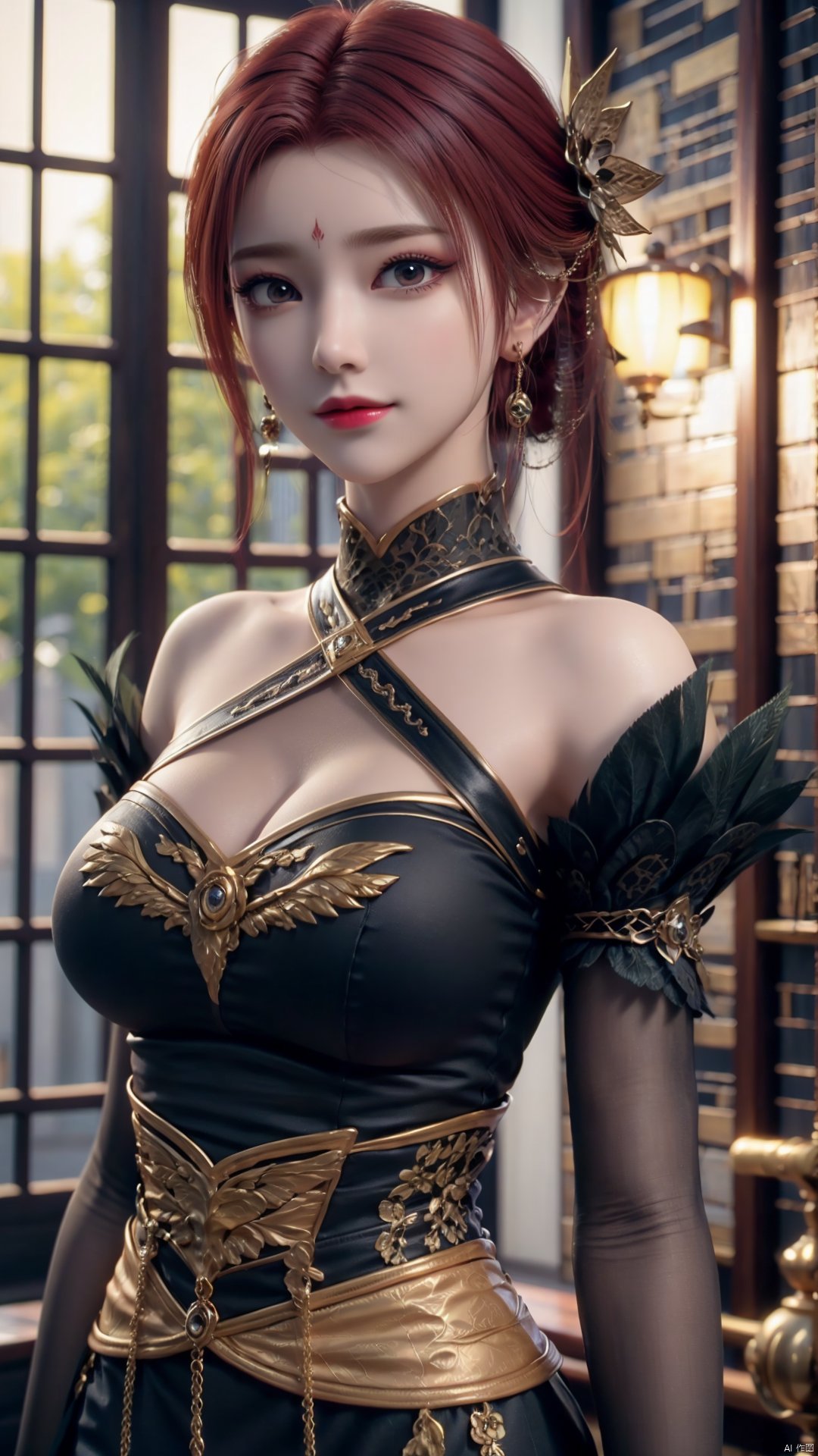 1girl, dress, jewelry, red hair, earrings, hair ornament, solo, black dress, looking at viewer, mischevious smile, perfect body, scenery, sharp focus, best quality, masterpiece, detailed outfit, illustration, perfect eyes, finely detailed beautiful anime eyes, realistic skin, intricate details, best lighting, depth of field, ultra high resolution,cowboy_shot, dynamic pose, dynamic angle,