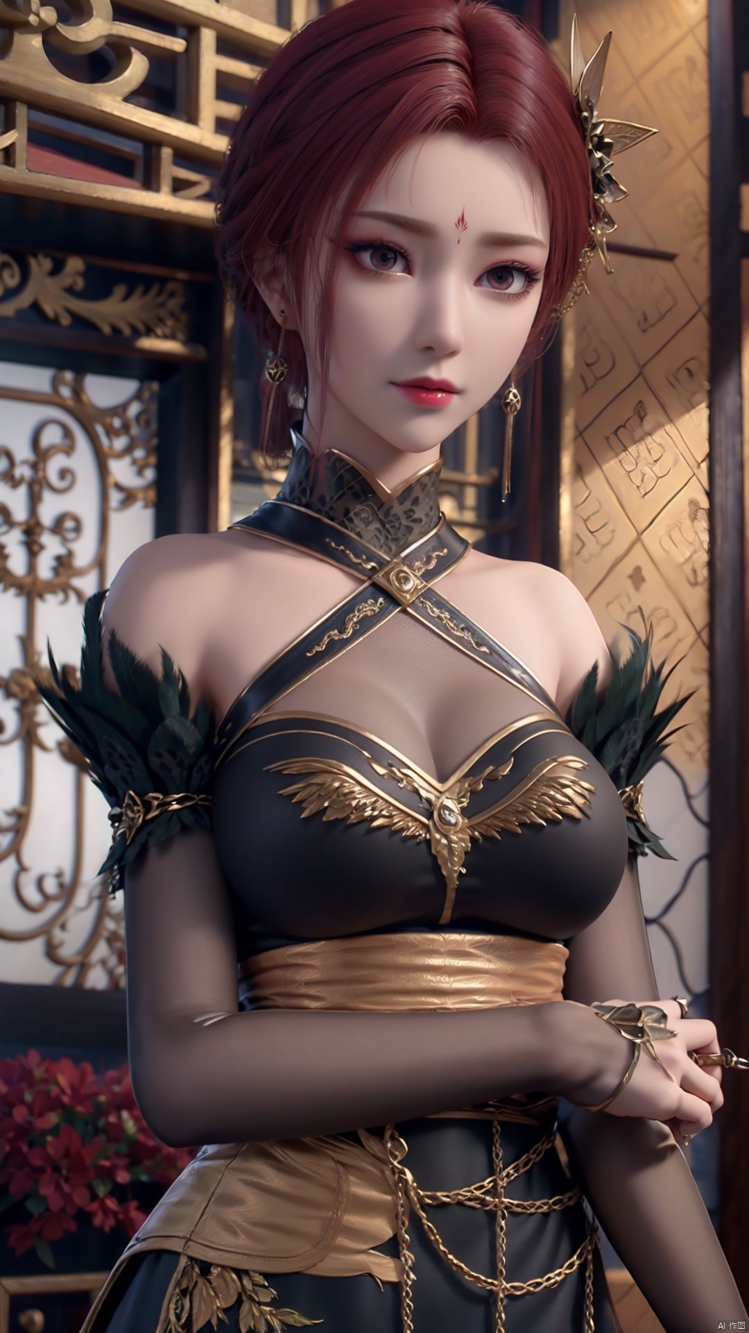 1girl, dress, jewelry, red hair, earrings, hair ornament, solo, black dress, looking at viewer, mischevious smile, perfect body, scenery, sharp focus, best quality, masterpiece, detailed outfit, illustration, perfect eyes, finely detailed beautiful anime eyes, realistic skin, intricate details, best lighting, depth of field, ultra high resolution,cowboy_shot, dynamic pose, dynamic angle,