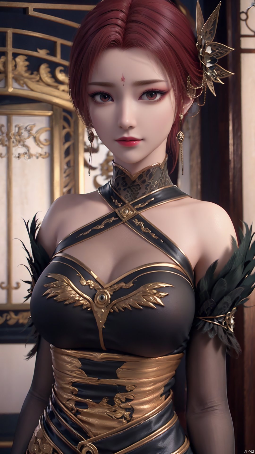 1girl, dress, jewelry, red hair, earrings, hair ornament, solo, black dress, looking at viewer, mischevious smile, perfect body, scenery, sharp focus, best quality, masterpiece, detailed outfit, illustration, perfect eyes, finely detailed beautiful anime eyes, realistic skin, intricate details, best lighting, depth of field, ultra high resolution,cowboy_shot, dynamic pose, dynamic angle,