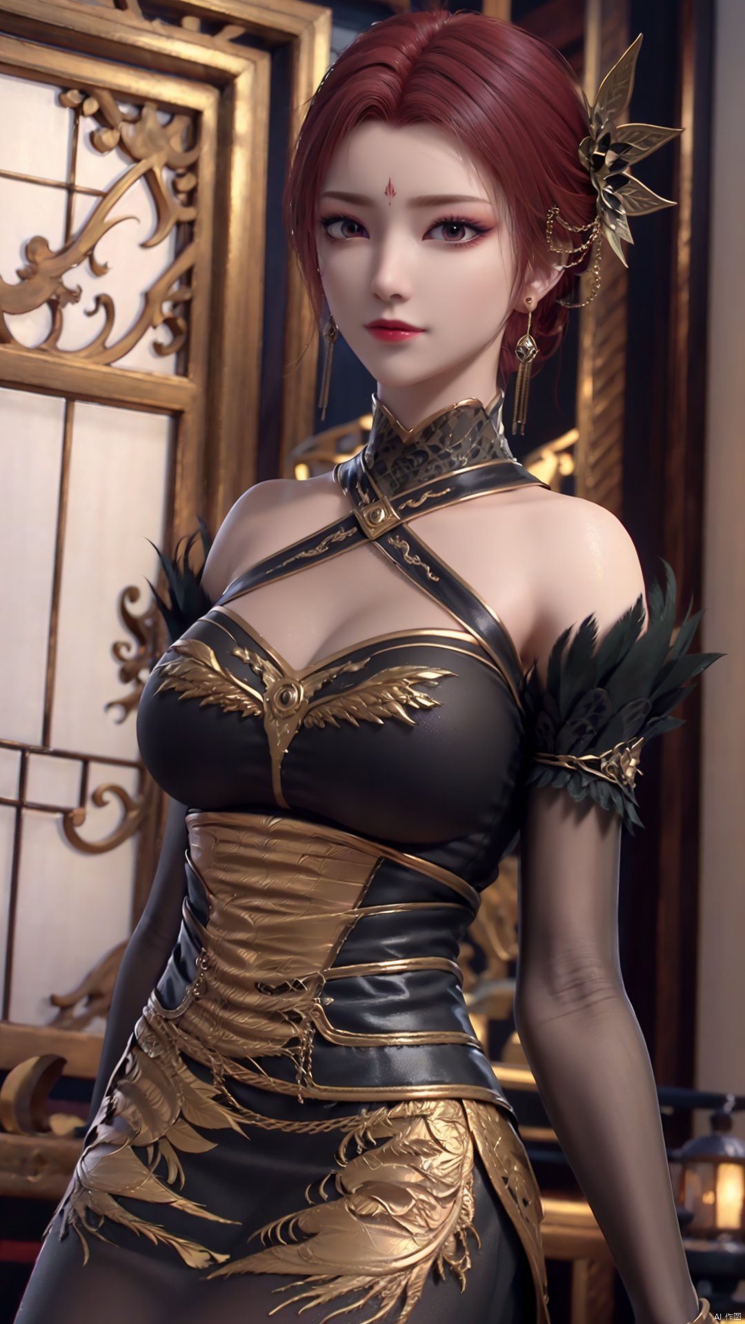 1girl, dress, jewelry, red hair, earrings, hair ornament, solo, black dress, looking at viewer, mischevious smile, perfect body, scenery, sharp focus, best quality, masterpiece, detailed outfit, illustration, perfect eyes, finely detailed beautiful anime eyes, realistic skin, intricate details, best lighting, depth of field, ultra high resolution,cowboy_shot, dynamic pose, dynamic angle,