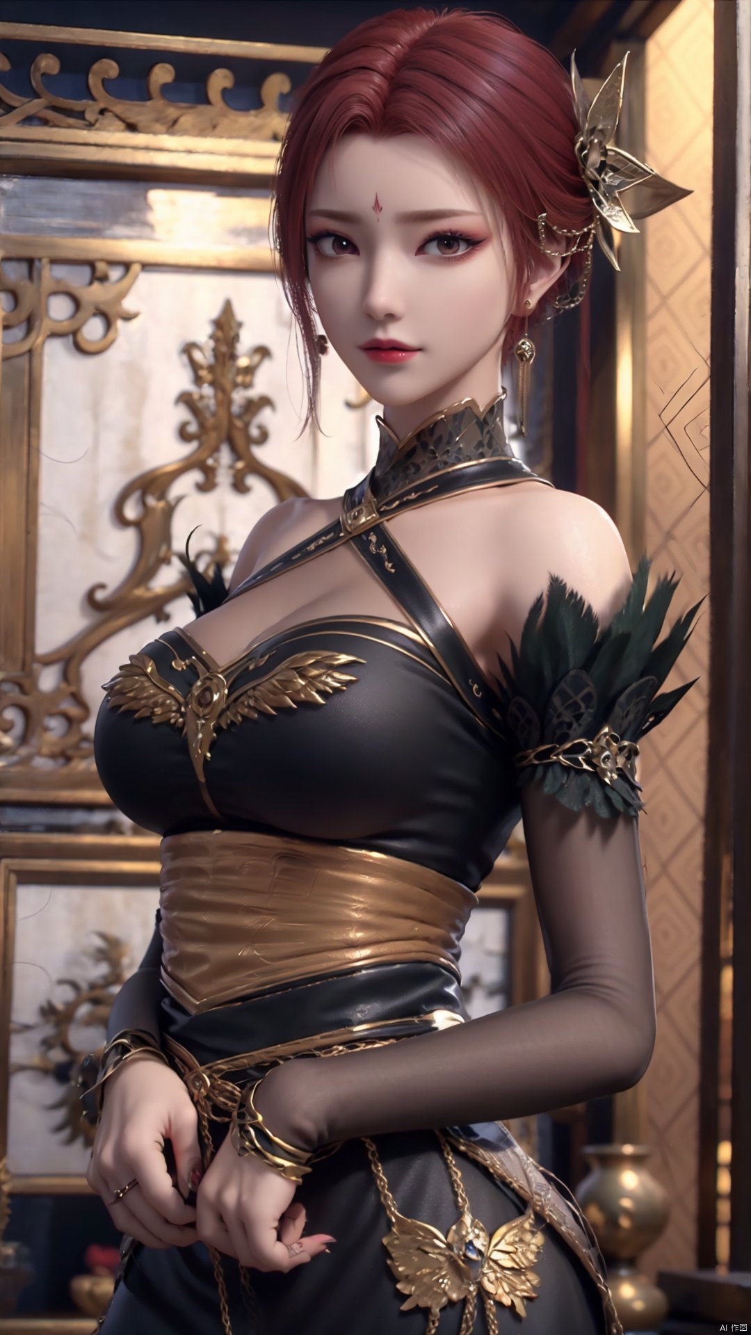 1girl, dress, jewelry, red hair, earrings, hair ornament, solo, black dress, looking at viewer, mischevious smile, perfect body, scenery, sharp focus, best quality, masterpiece, detailed outfit, illustration, perfect eyes, finely detailed beautiful anime eyes, realistic skin, intricate details, best lighting, depth of field, ultra high resolution,cowboy_shot, dynamic pose, dynamic angle,