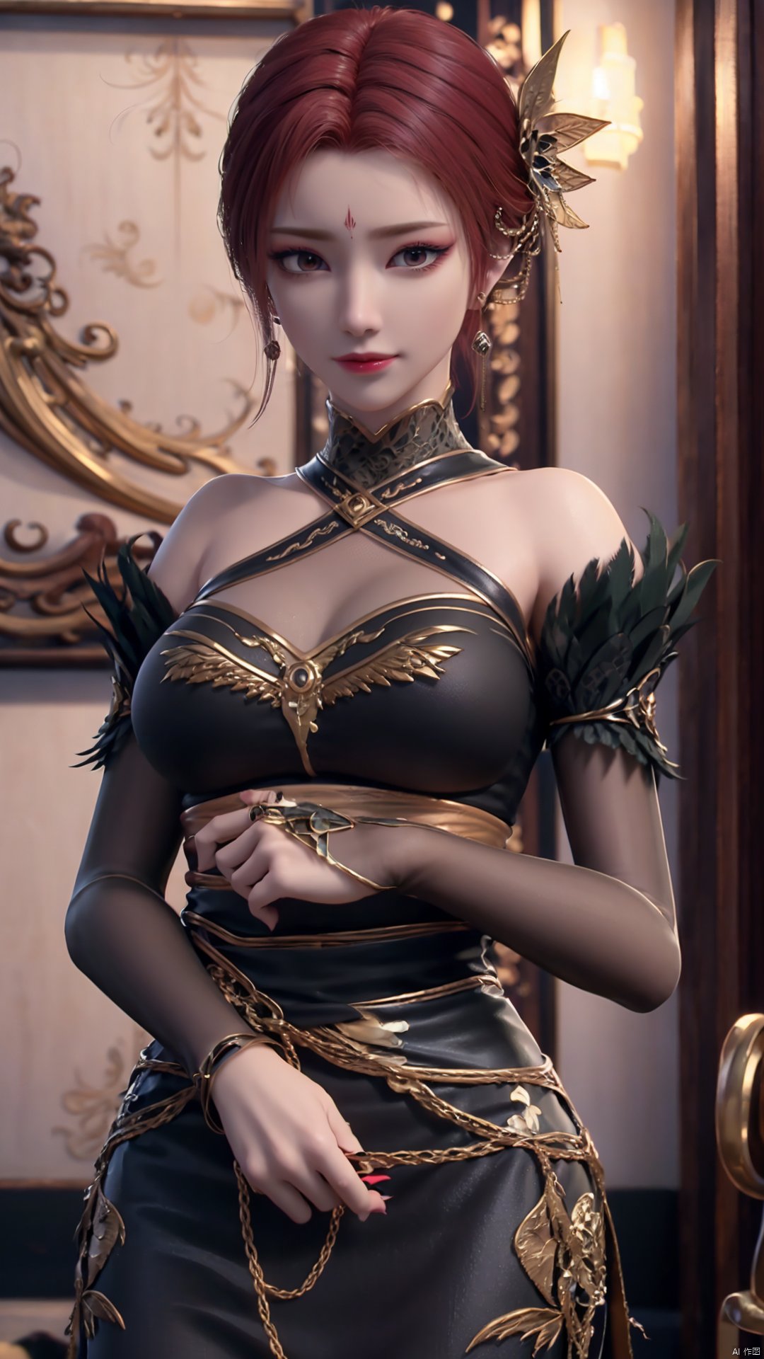 1girl, dress, jewelry, red hair, earrings, hair ornament, solo, black dress, looking at viewer, mischevious smile, perfect body, scenery, sharp focus, best quality, masterpiece, detailed outfit, illustration, perfect eyes, finely detailed beautiful anime eyes, realistic skin, intricate details, best lighting, depth of field, ultra high resolution,cowboy_shot, dynamic pose, dynamic angle,