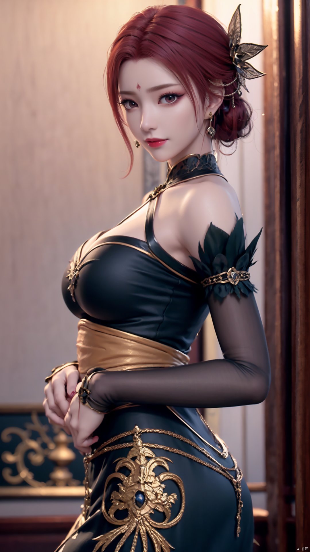 1girl, dress, jewelry, red hair, earrings, hair ornament, solo, black dress, looking at viewer, mischevious smile, perfect body, scenery, sharp focus, best quality, masterpiece, detailed outfit, illustration, perfect eyes, finely detailed beautiful anime eyes, realistic skin, intricate details, best lighting, depth of field, ultra high resolution,cowboy_shot, dynamic pose, dynamic angle,