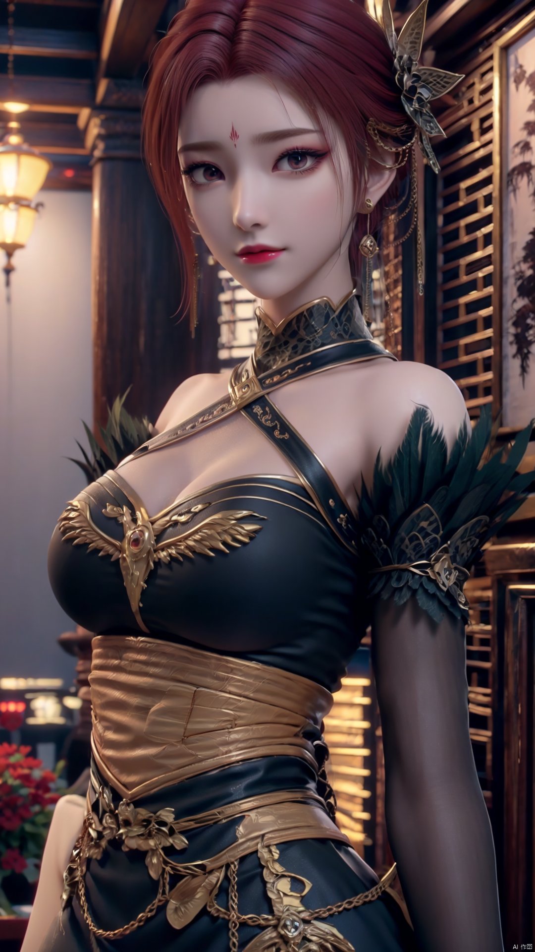 1girl, dress, jewelry, red hair, earrings, hair ornament, solo, black dress, looking at viewer, mischevious smile, perfect body, scenery, sharp focus, best quality, masterpiece, detailed outfit, illustration, perfect eyes, finely detailed beautiful anime eyes, realistic skin, intricate details, best lighting, depth of field, ultra high resolution,cowboy_shot, dynamic pose, dynamic angle,