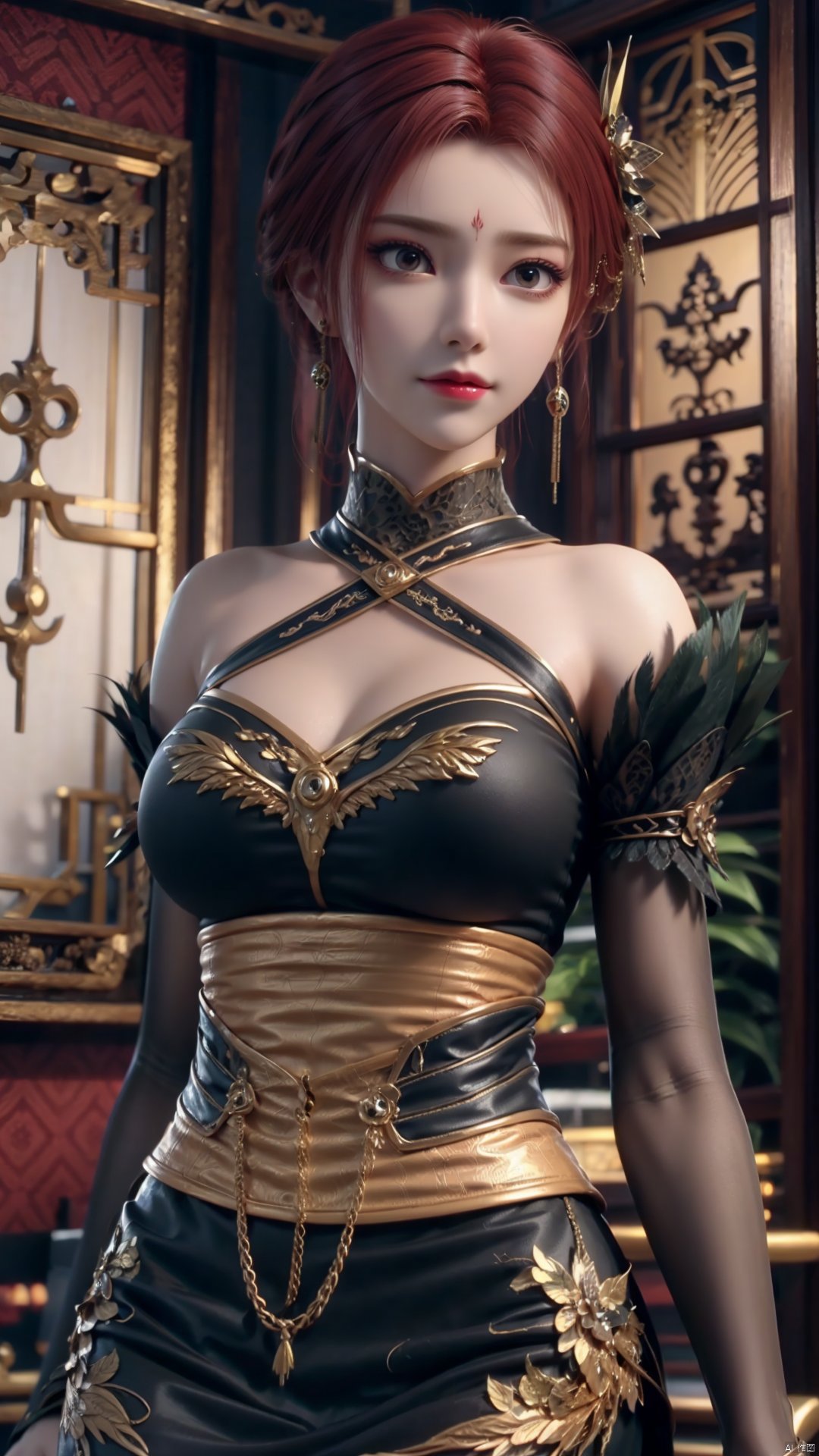 1girl, dress, jewelry, red hair, earrings, hair ornament, solo, black dress, looking at viewer, mischevious smile, perfect body, scenery, sharp focus, best quality, masterpiece, detailed outfit, illustration, perfect eyes, finely detailed beautiful anime eyes, realistic skin, intricate details, best lighting, depth of field, ultra high resolution,cowboy_shot, dynamic pose, dynamic angle,