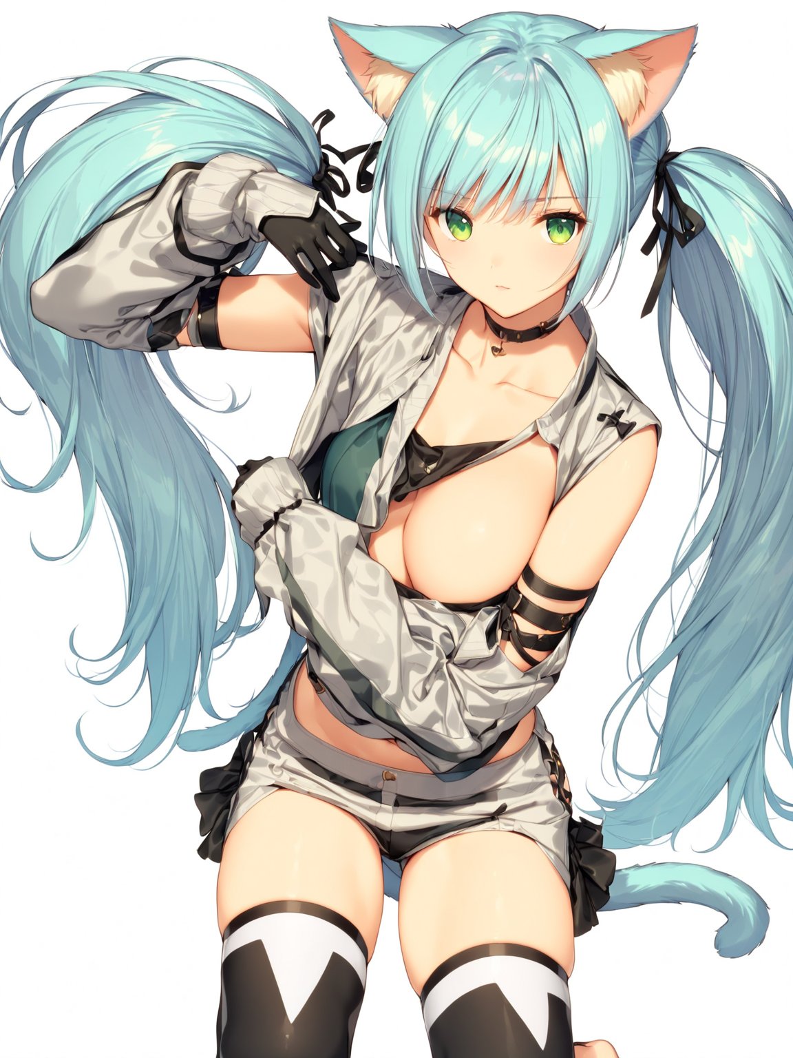 //Character, solo,MeracleChamlotte_SO4, 1girl, long hair, twintails, very long hair, green eyes, blue hair, cat ears, cat tail, low twintails, cat girl, 
//Fashion, navel, gloves, thighhighs, toeless legwear,
//Background, simple background, 
//Quality, (masterpiece), best quality, ultra-high resolution, ultra-high definition, highres, intricate, intricate details, absurdres, highly detailed, finely detailed, ultra-detailed, ultra-high texture quality, natural lighting, natural shadow, dramatic shading, dramatic lighting, vivid colour, perfect anatomy, 
//Others, 