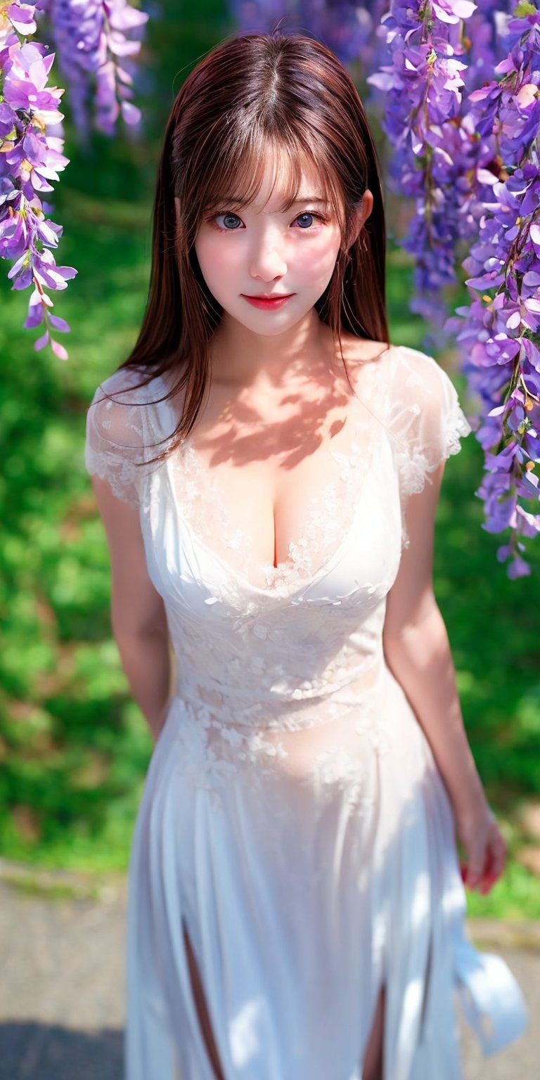 Masterpiece, highest quality, 1 girl, solo, 20 years old, beautiful Korean girl, {beautiful and delicate eyes}, long hair, brown hair, flat bangs, big breasts, calm expression, natural soft light, delicate facial features , seductive human face, smiling eyes, open lips, looking at the viewer, normal body structure, correct proportions, perfect hands, (wearing white see-through dress), sexy model pose, seductive body shape, Sweaty skin, film grain, cleavage exposed, (top view: 1.5), real, sunny day, wisteria flowers, standing on a country road,