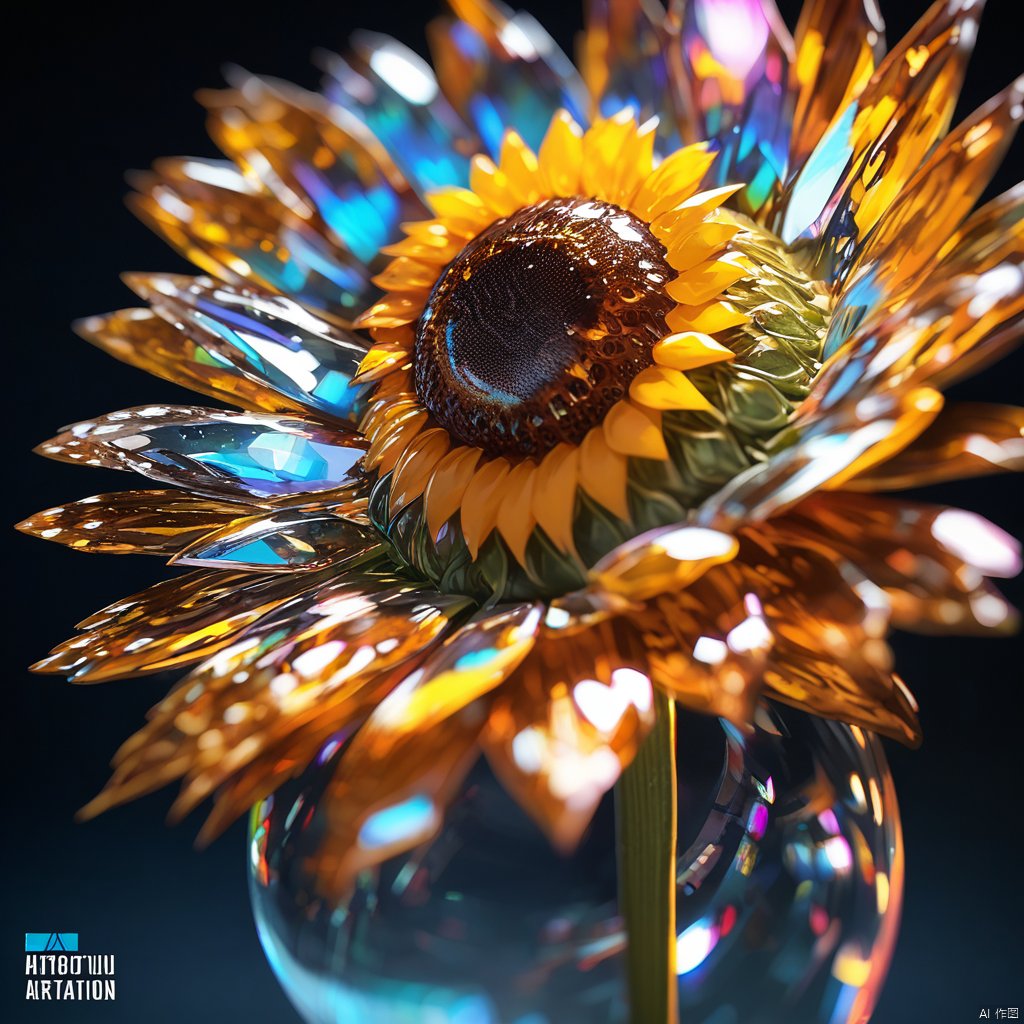 Glass sunflower, highly detailed, macro photography, crystal clear, delicate, intricate, colorful reflections, soft lighting, artstation, 4k resolution