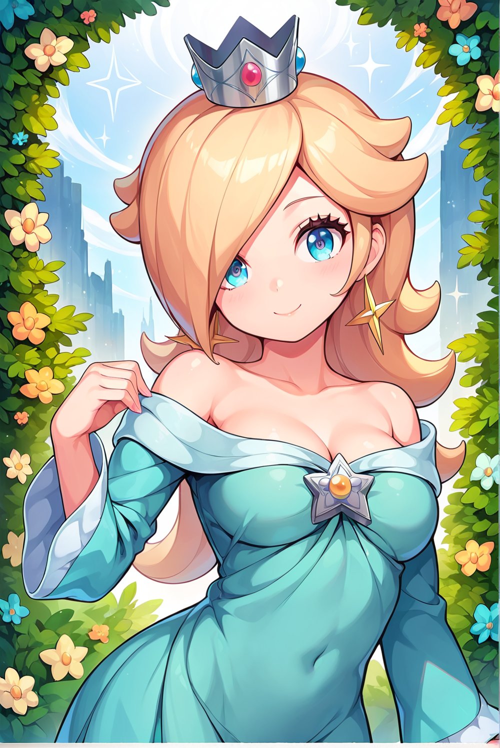 score_9_up, score_8_up, score_7_up, source_anime, 1girl, beautiful detailed eyes, ((masterpiece,best quality)), absurdres, solo, princess rosalina, short hair, silver crown, , blue eyes, long sleeves, smile, curvy, head tilt