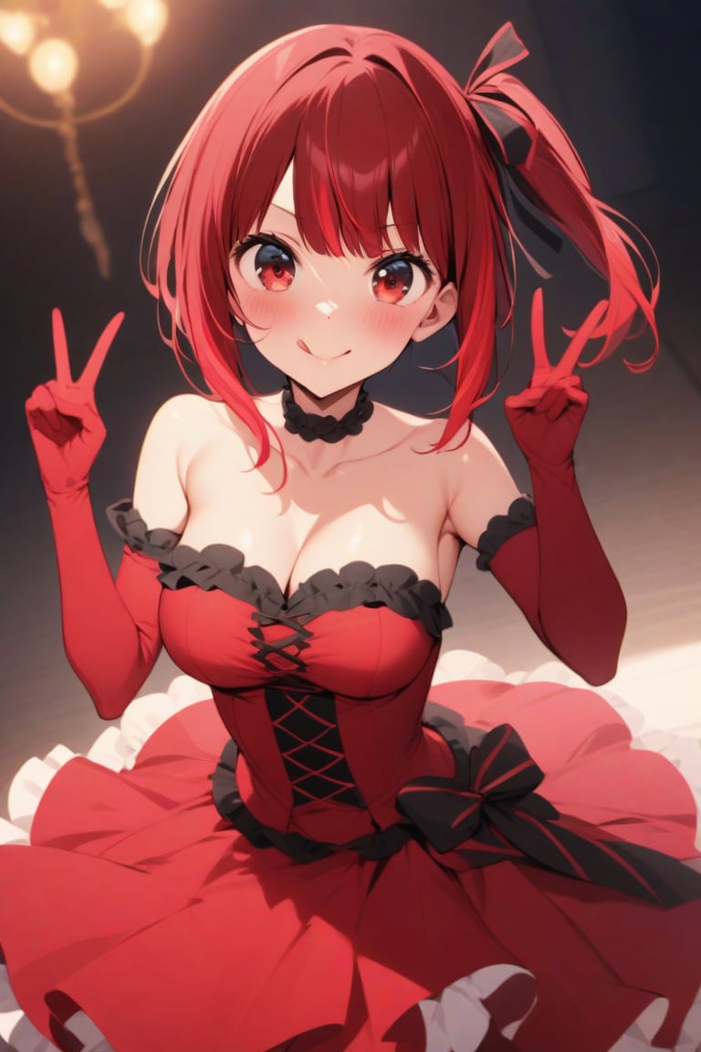 masterpiece, best quality, very aesthetic, absurdres, (resent), 1girl, solo, short hair, breasts, looking at viewer, blush, smile, bangs, red hair, large breasts, red eyes, gloves, dress, ribbon, cleavage, bare shoulders, jewelry, medium breasts, multicolored hair, standing, collarbone, hair ribbon, frills, choker, tongue, elbow gloves, tongue out, armpits, v, strapless, one side up, red dress, frilled dress, strapless dress, red gloves, double v, ;q, ,(Kana-XL)